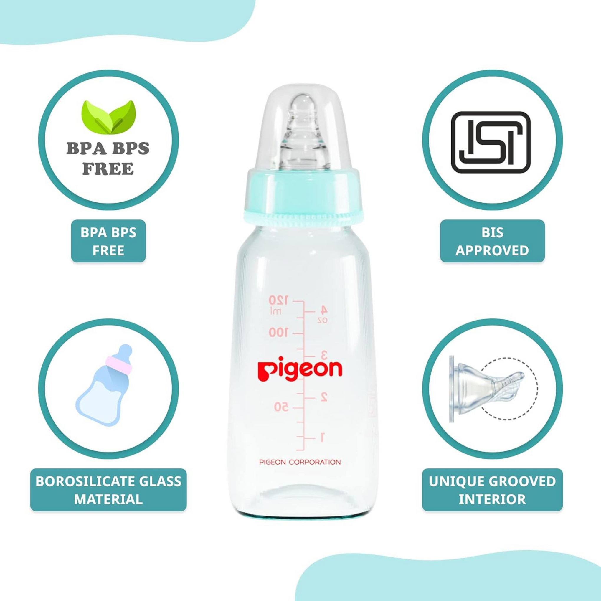 Pigeon Glass Baby Feeding Bottle, With Added Nipple S, For 0+ Month Babies,BPS Free,BPA Free,With Add Nipple S, 120 ml