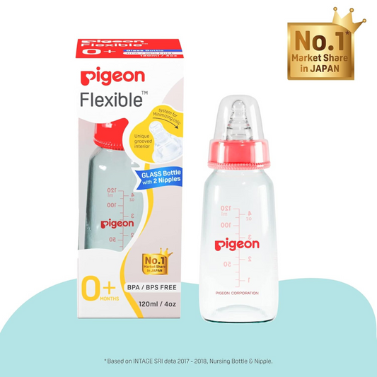 Pigeon Glass Baby Feeding Bottle, With Added Nipple S, For 0+ Month Babies,BPS Free,BPA Free,With Add Nipple S, 120 ml