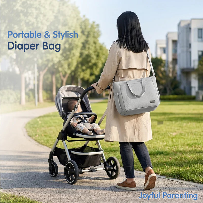 HOPOP Diaper Bag Tote with Changing Mat | Large Baby Bag with Insulated Bottle Pocket | Travel Maternity Bag | Beige & Grey