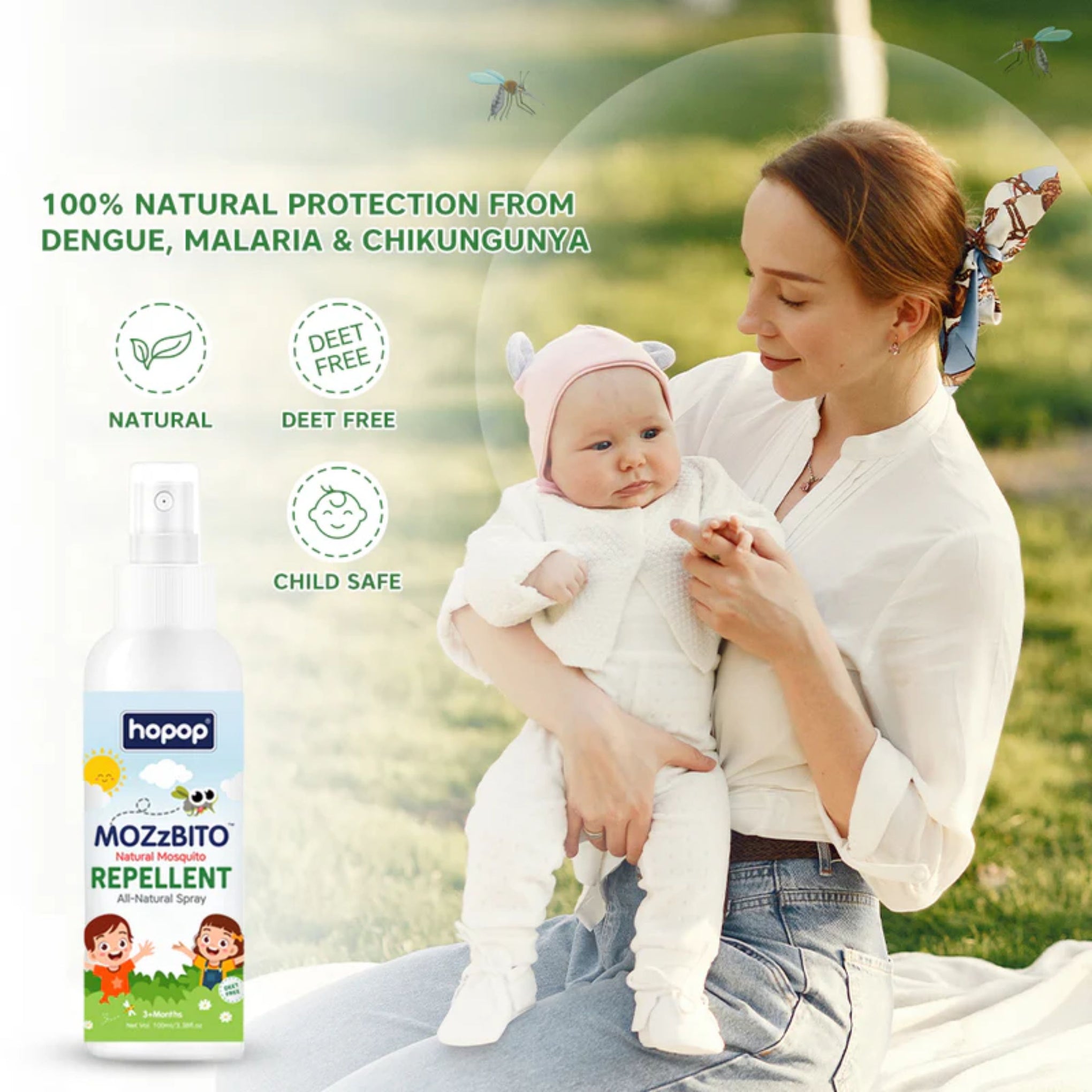 Hopop MOZZBiTO Natural Mosquito Repellent Spray for Babies & Family | DEET-Free, Plant-Based Protection from Mosquitoes, Ants & Fleas