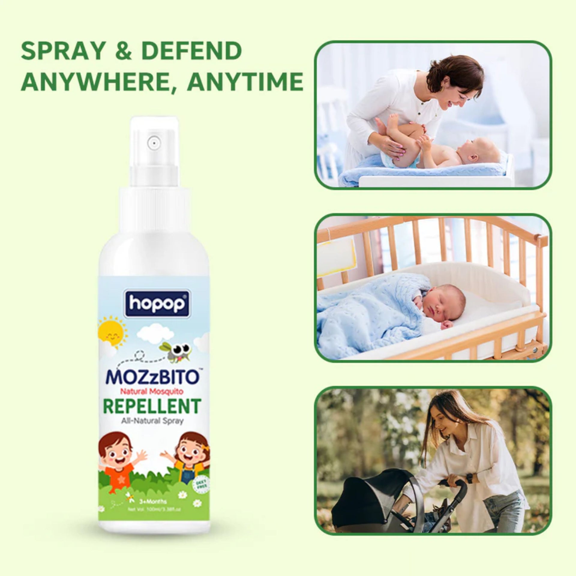 Hopop MOZZBiTO Natural Mosquito Repellent Spray for Babies & Family | DEET-Free, Plant-Based Protection from Mosquitoes, Ants & Fleas