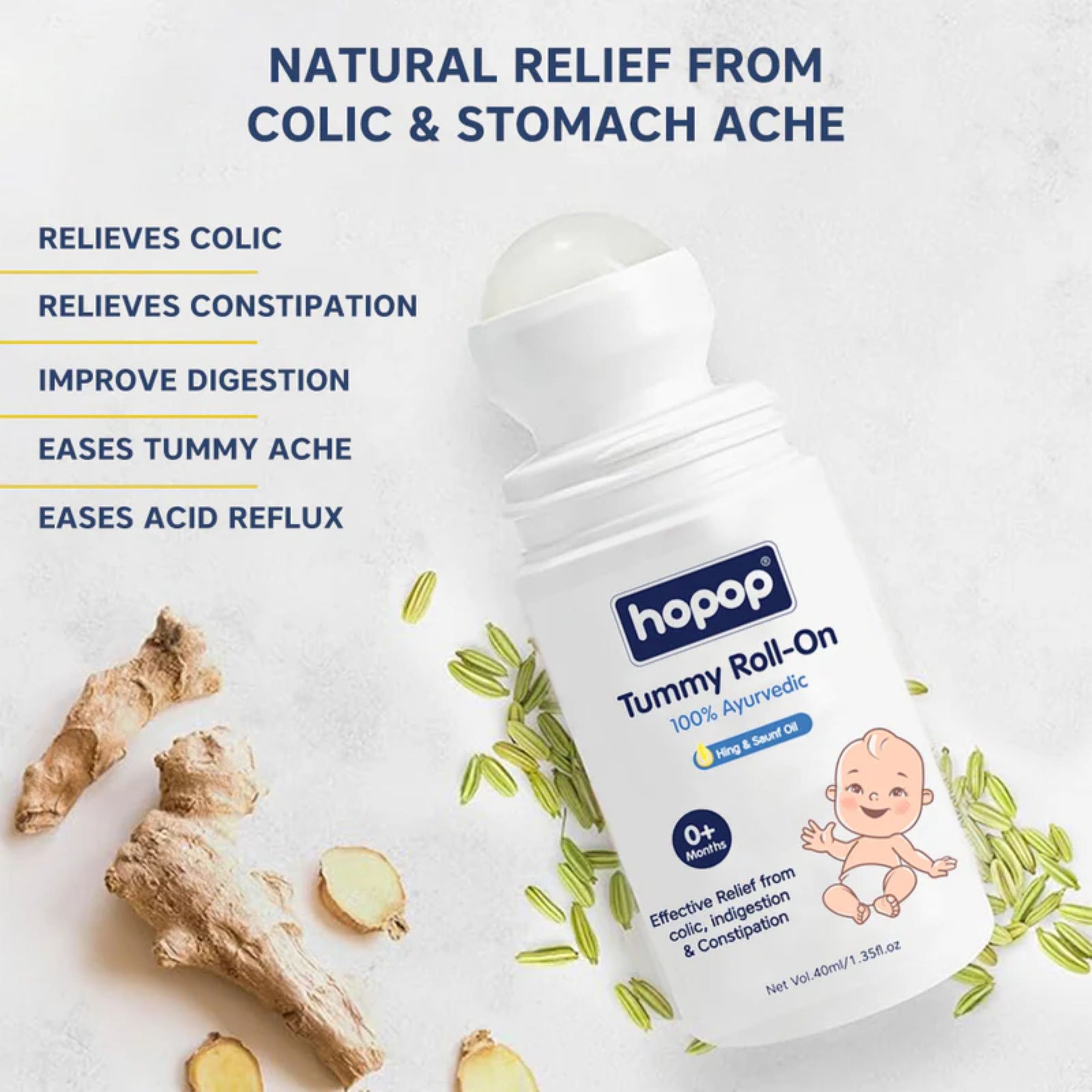 Hopop Tummy Roll-On for Babies | 100% Ayurvedic Relief from Colic, Gas & Indigestion | Hing & Saunf Oil | 0+ Months