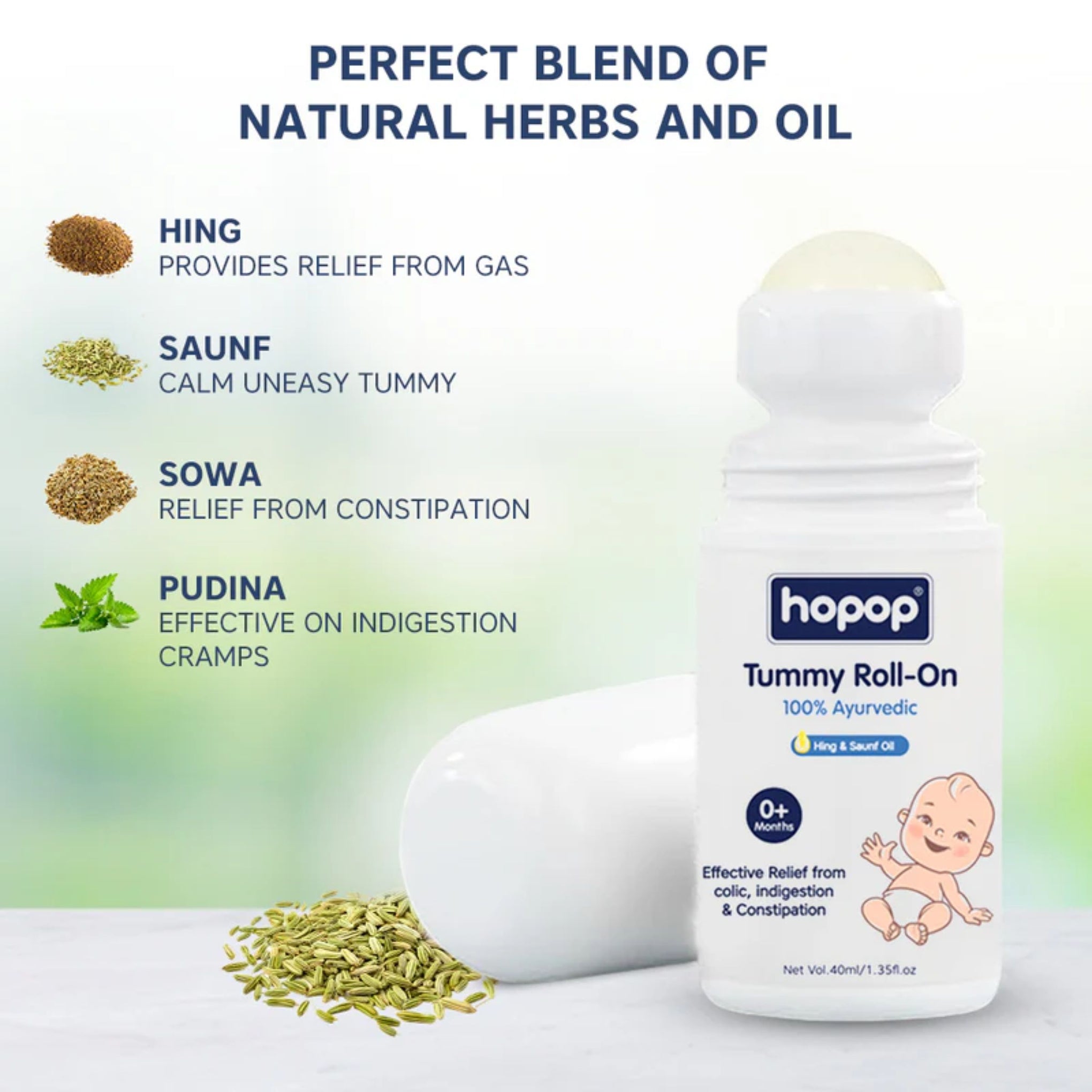 Hopop Tummy Roll-On for Babies | 100% Ayurvedic Relief from Colic, Gas & Indigestion | Hing & Saunf Oil | 0+ Months