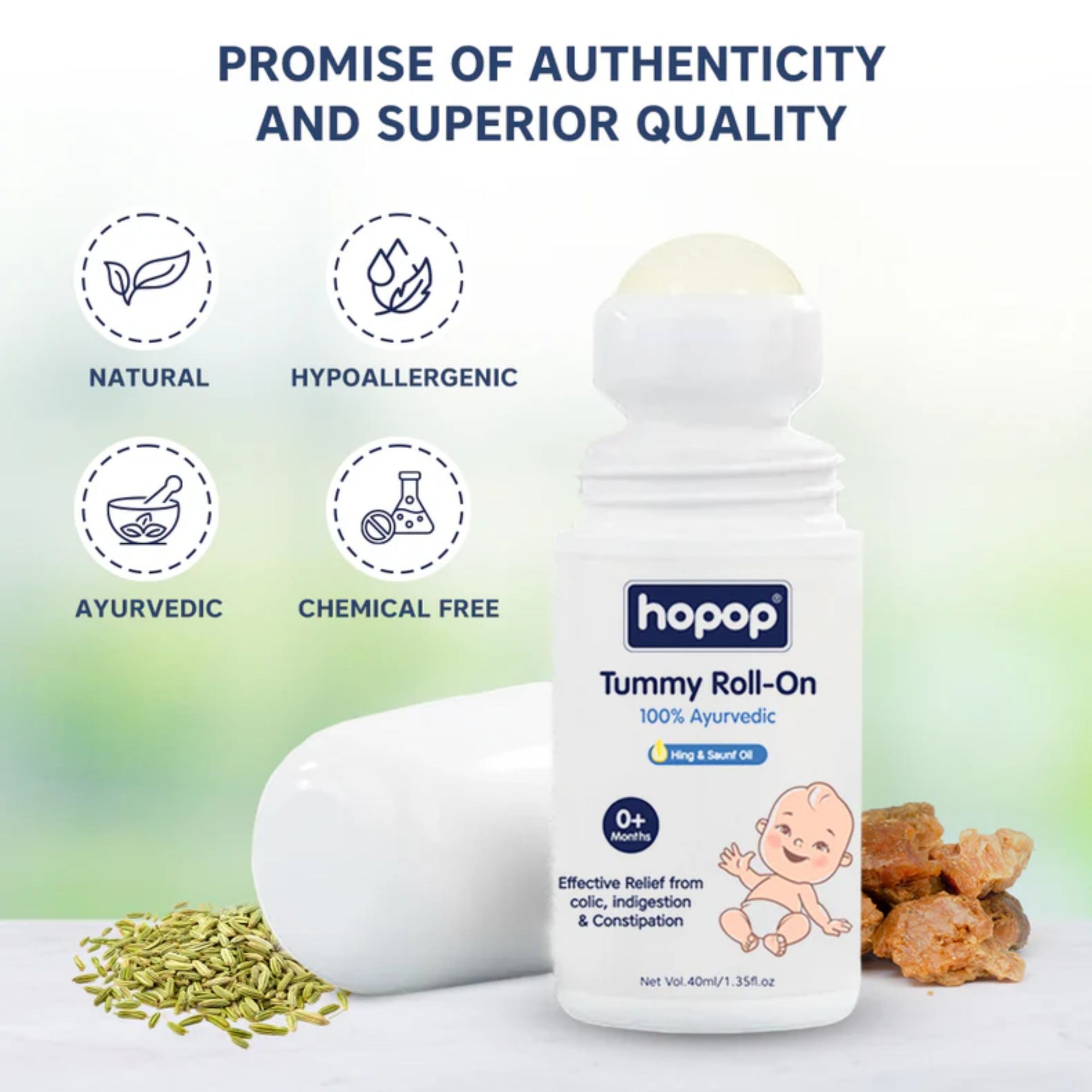 Hopop Tummy Roll-On for Babies | 100% Ayurvedic Relief from Colic, Gas & Indigestion | Hing & Saunf Oil | 0+ Months