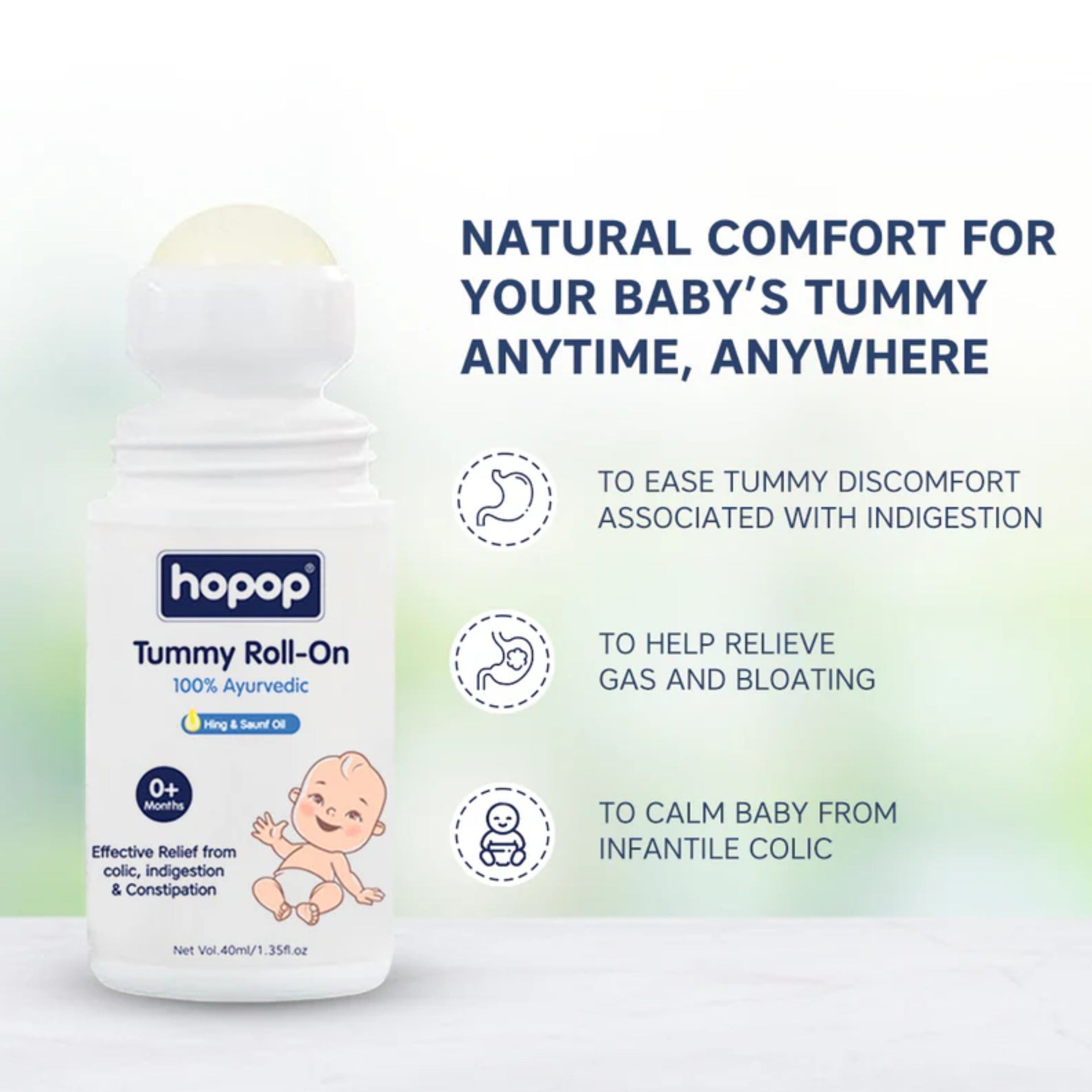 Hopop Tummy Roll-On for Babies | 100% Ayurvedic Relief from Colic, Gas & Indigestion | Hing & Saunf Oil | 0+ Months