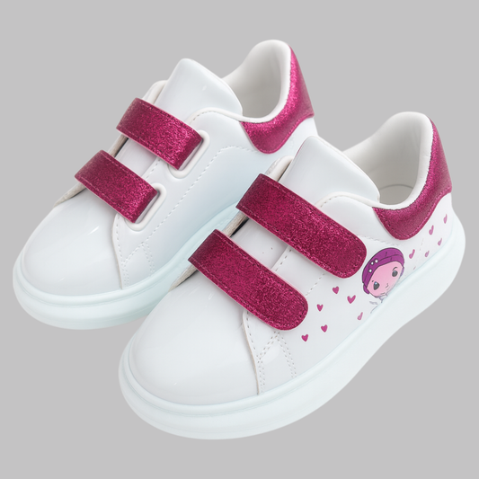 Smile Baby Girls Glitter Velcro Sneakers – White & Pink Sparkle Casual Shoes (4–8 Years)