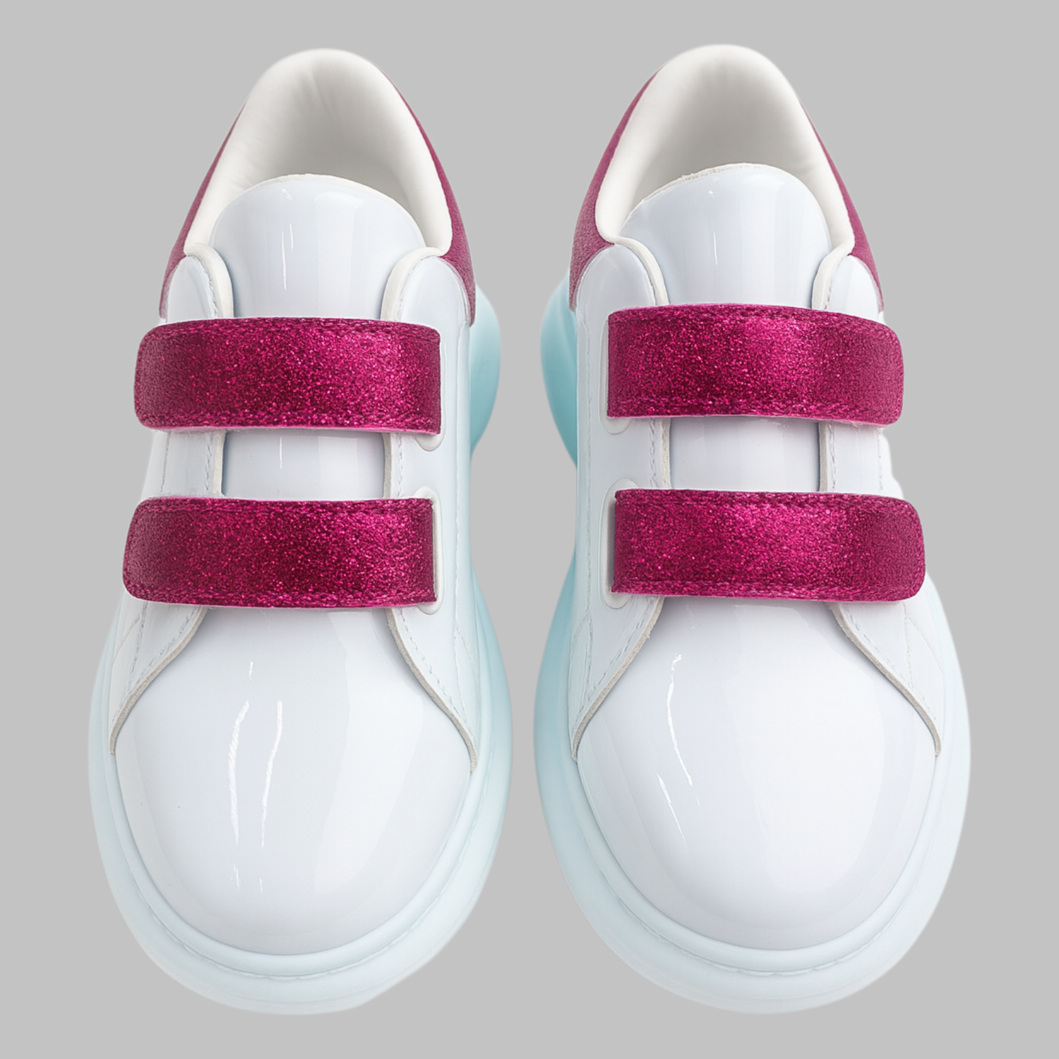 Smile Baby Girls Glitter Velcro Sneakers – White & Pink Sparkle Casual Shoes (4–8 Years)