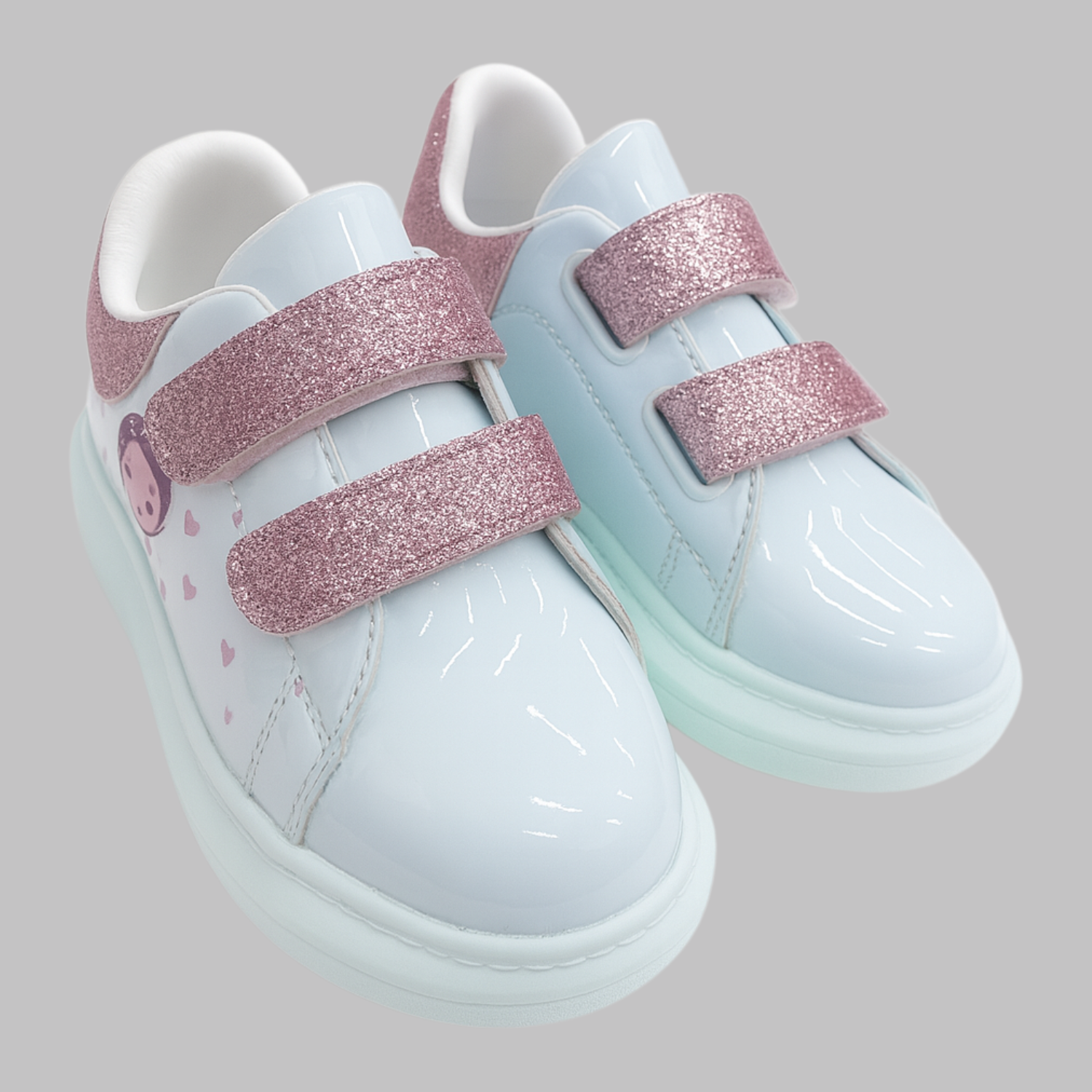 Smile Baby Girls Glitter Velcro Sneakers – White & Pink Sparkle Casual Shoes (4–8 Years)