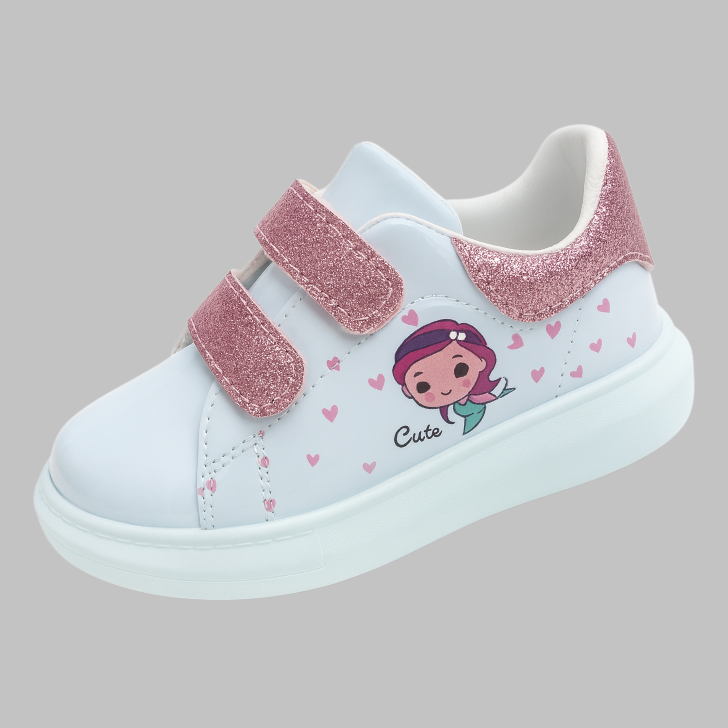 Smile Baby Girls Glitter Velcro Sneakers – White & Pink Sparkle Casual Shoes (4–8 Years)