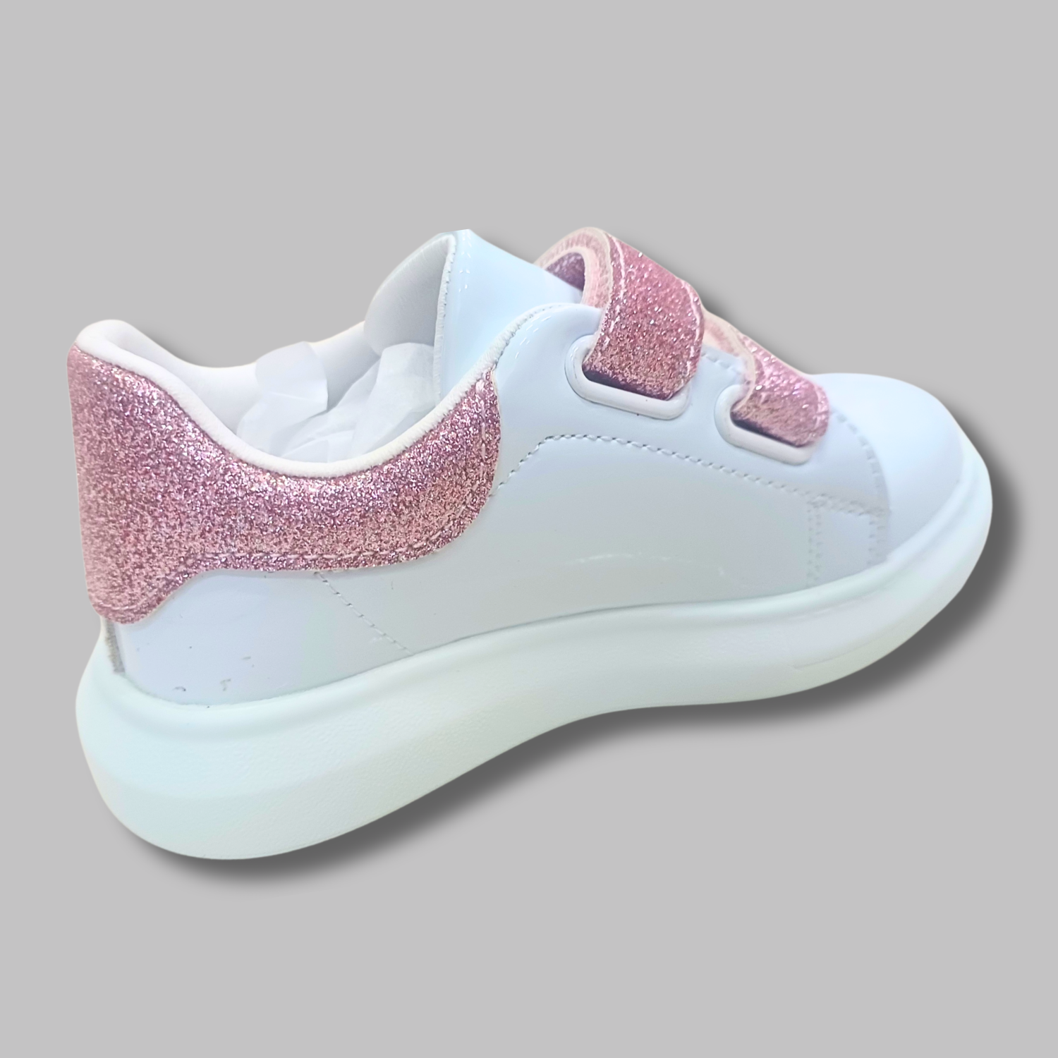 Smile Baby Girls Glitter Velcro Sneakers – White & Pink Sparkle Casual Shoes (4–8 Years)