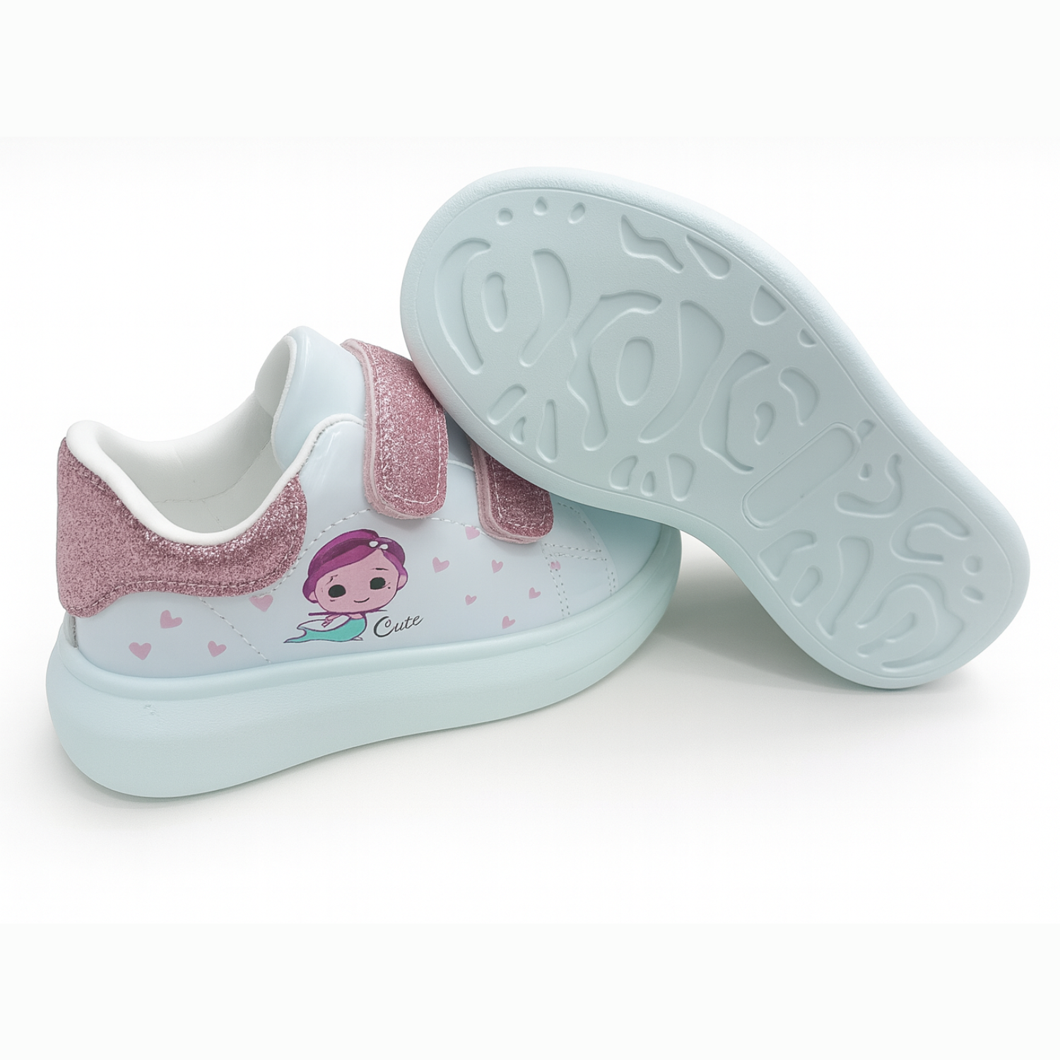 Smile Baby Girls Glitter Velcro Sneakers – White & Pink Sparkle Casual Shoes (4–8 Years)