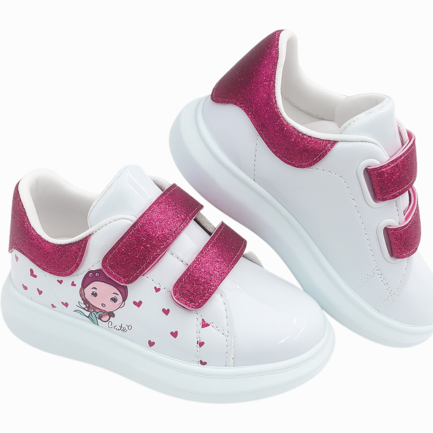 Smile Baby Girls Glitter Velcro Sneakers – White & Pink Sparkle Casual Shoes (4–8 Years)