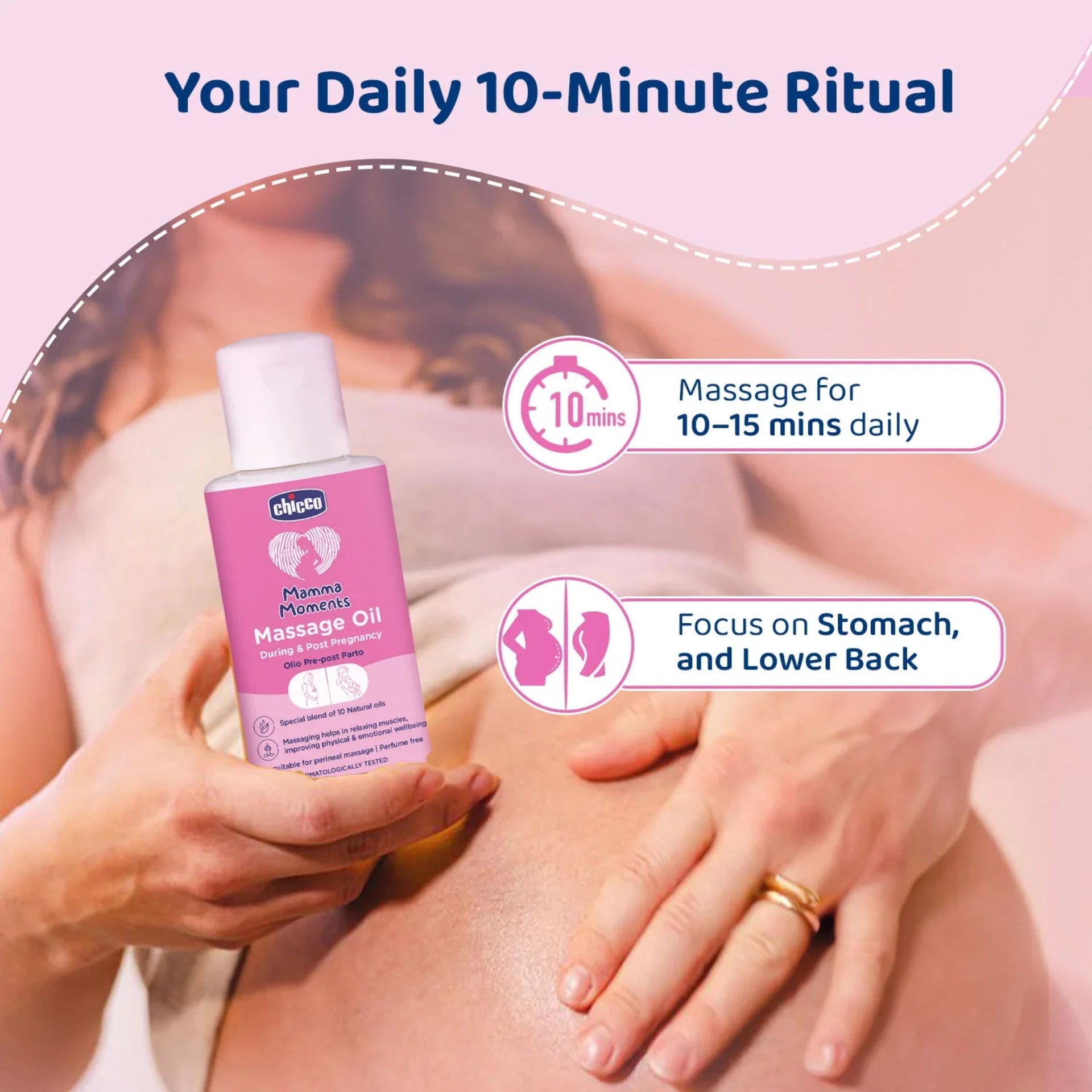 Chicco Mamma Moments Massage Oil During & Post Pregnancy – Special Blend of 10 Natural Oils for Relaxation & Skin Elasticity, Perfume Free
