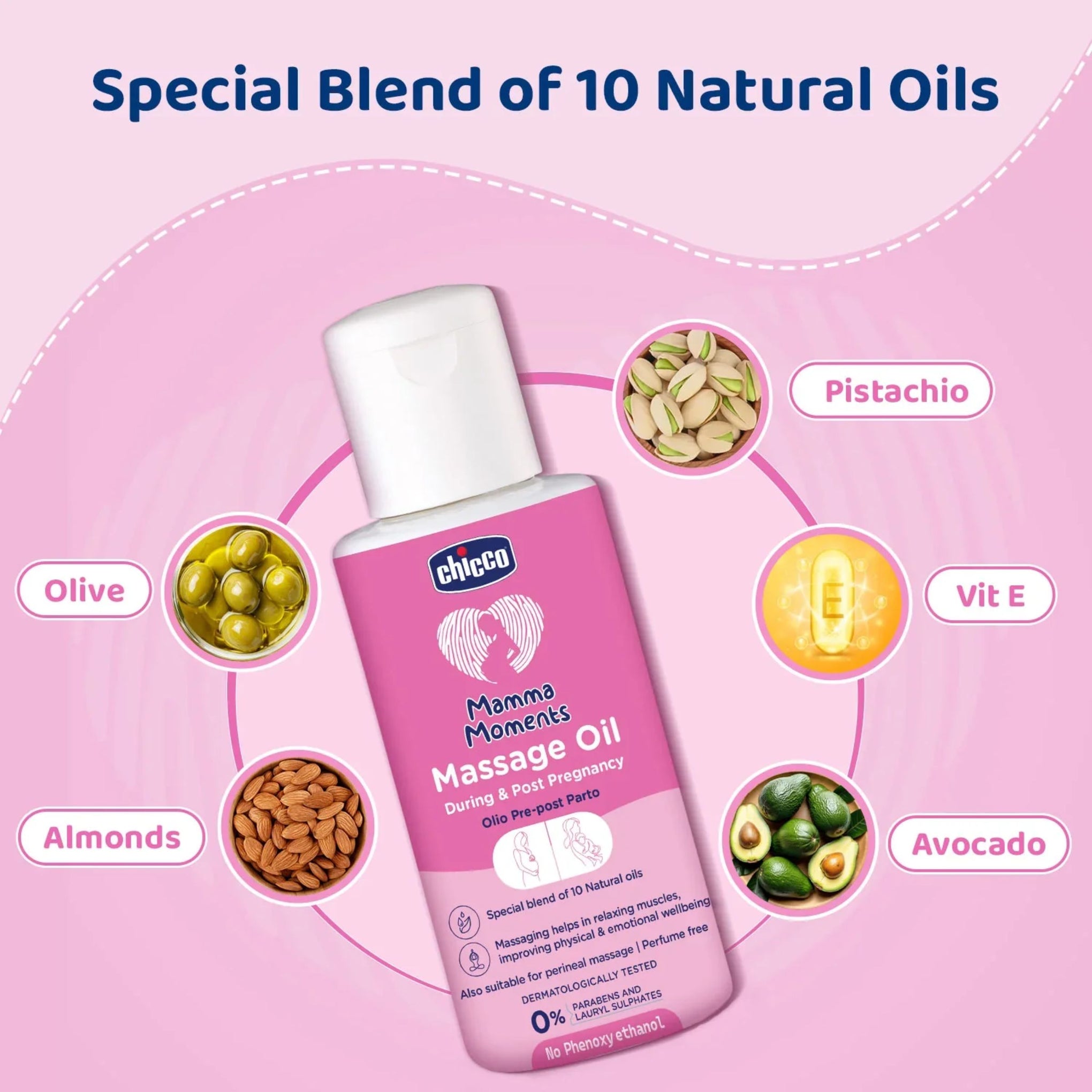 Chicco Mamma Moments Massage Oil During & Post Pregnancy – Special Blend of 10 Natural Oils for Relaxation & Skin Elasticity, Perfume Free