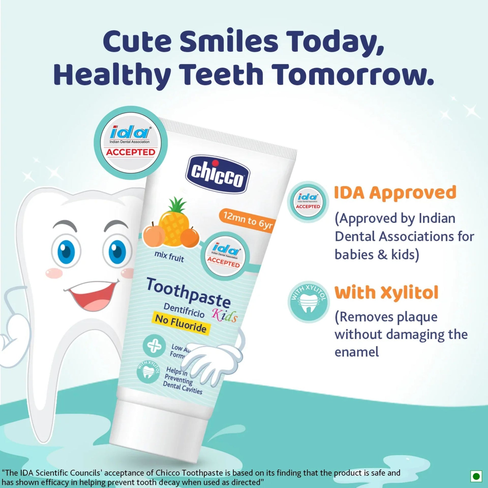 Chicco Kids Toothpaste Mix Fruit (12 Months–6 Years) | No Fluoride, Low Abrasive Formula, With Xylitol