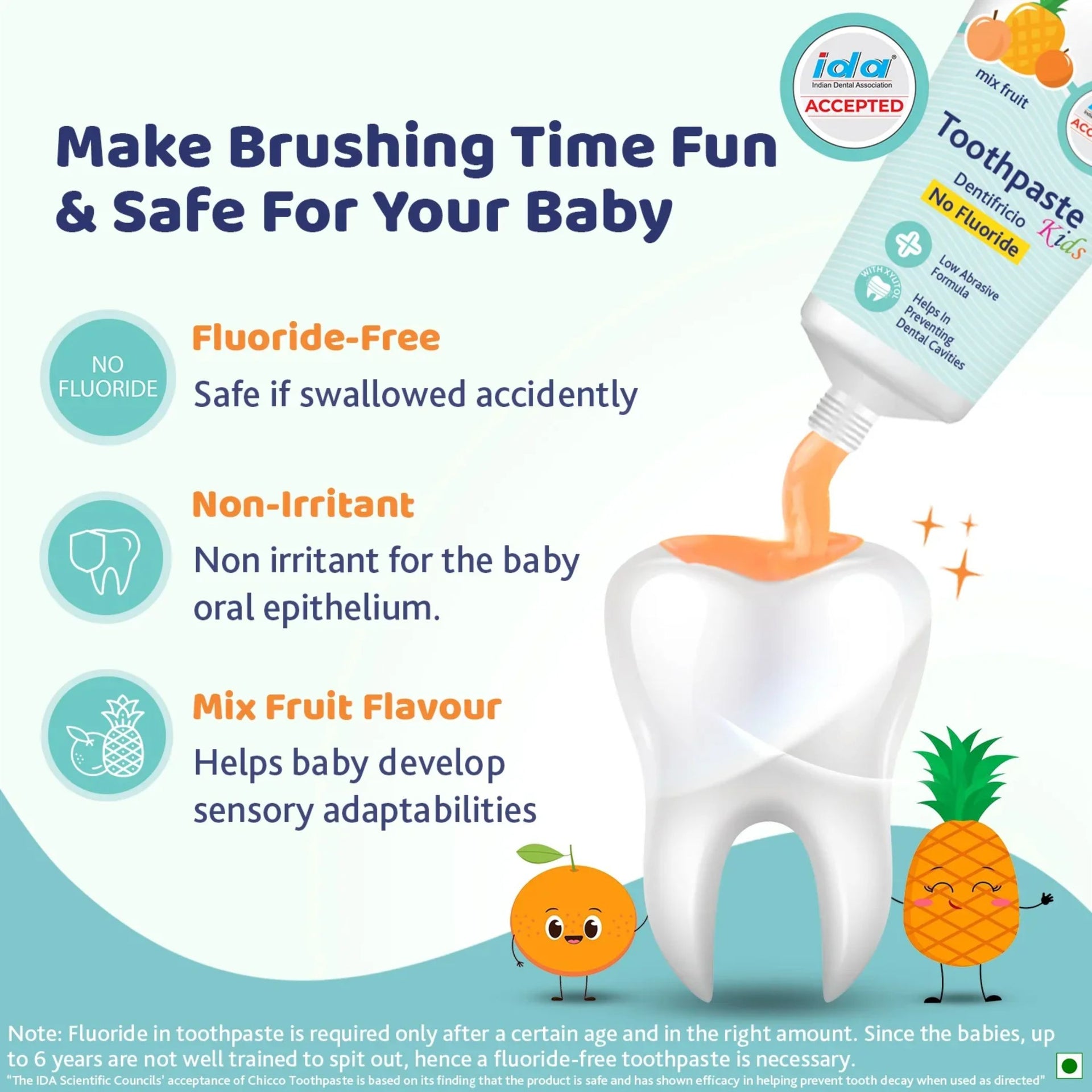 Chicco Kids Toothpaste Mix Fruit (12 Months–6 Years) | No Fluoride, Low Abrasive Formula, With Xylitol
