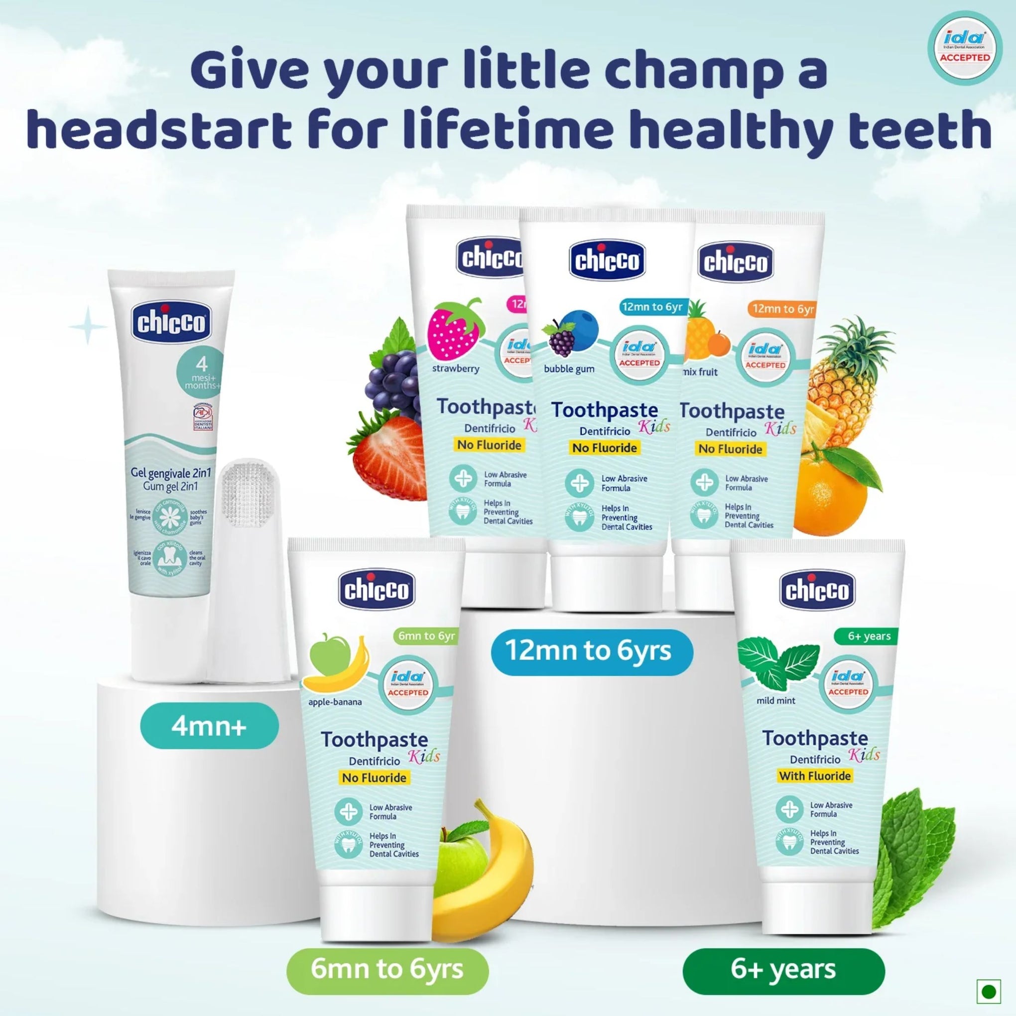 Chicco Kids Toothpaste Mix Fruit (12 Months–6 Years) | No Fluoride, Low Abrasive Formula, With Xylitol