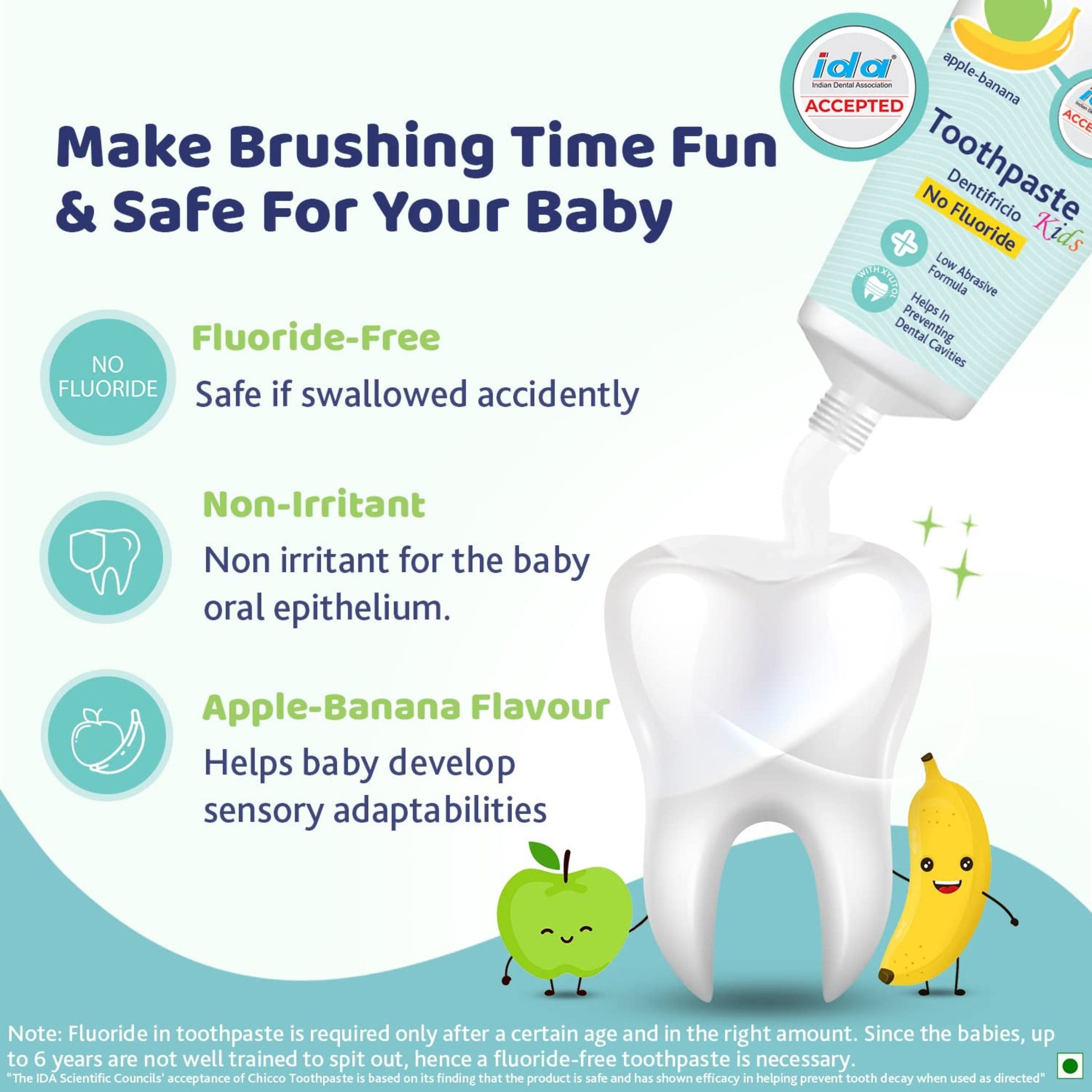 Chicco Kids Toothpaste Apple-Banana (6 Months–6 Years) | No Fluoride, With Xylitol | Low Abrasive Formula for Baby Teeth