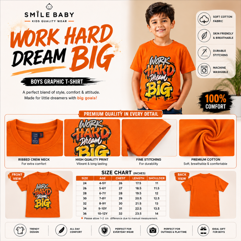 Boys Orange Graphic T-Shirt – Work Hard Dream Big | SMILE BABY 