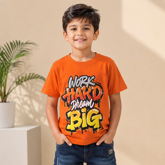 Boys Orange Graphic T-Shirt – Work Hard Dream Big | SMILE BABY 