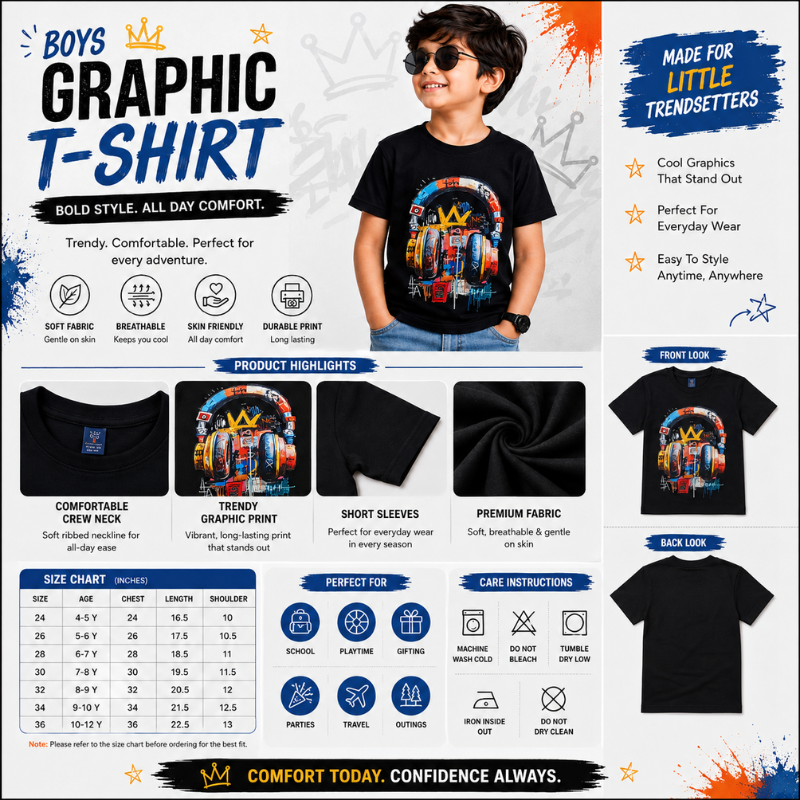 Smile Baby Boys Black Graphic T-Shirt | SMILE BABY | 4–12 Years 