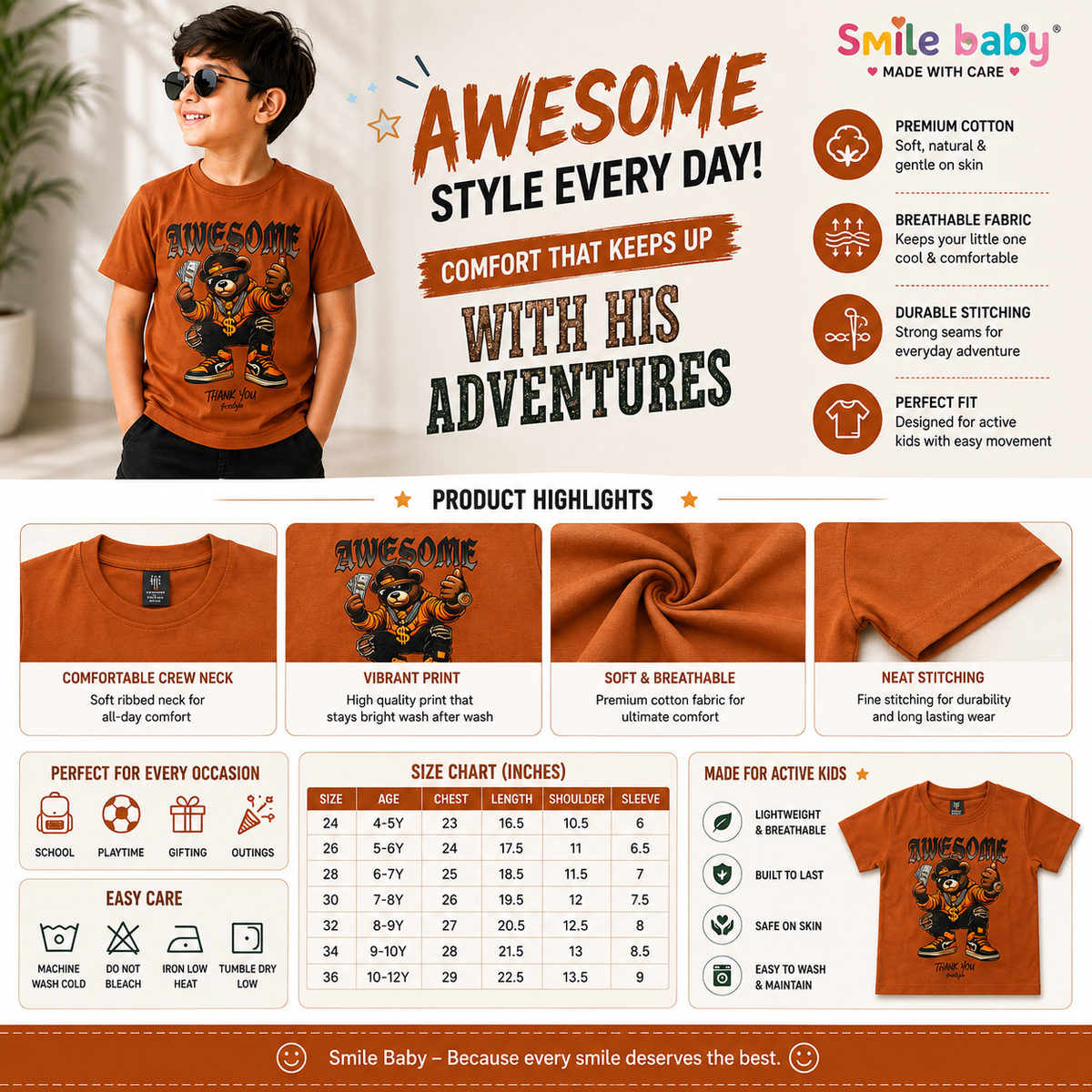 Smile Baby Boys’ Awesome Bear Graphic T-Shirt – Orange 