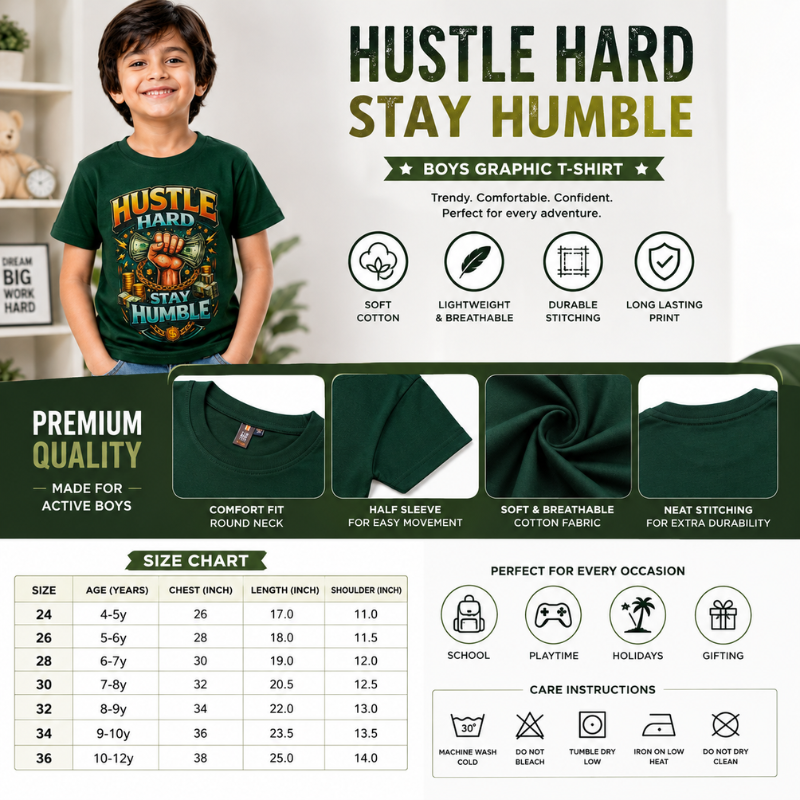 Boys Green Graphic T-Shirt – Hustle Hard Stay Humble | Smile Baby 