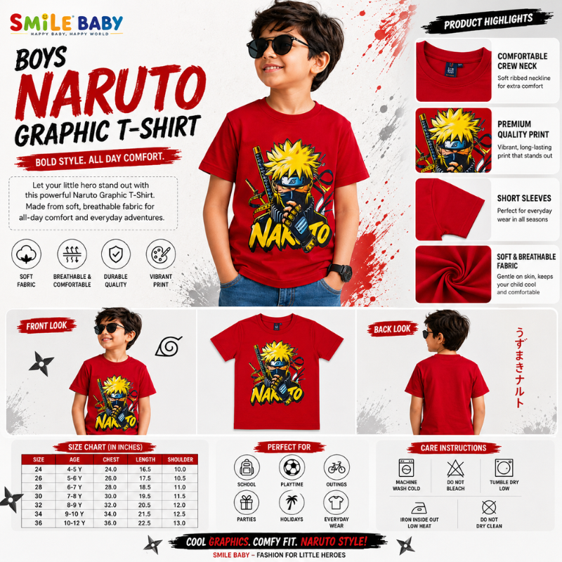 Boys Red Graphic T-Shirt | SMILE BABY | 4–12 Years 