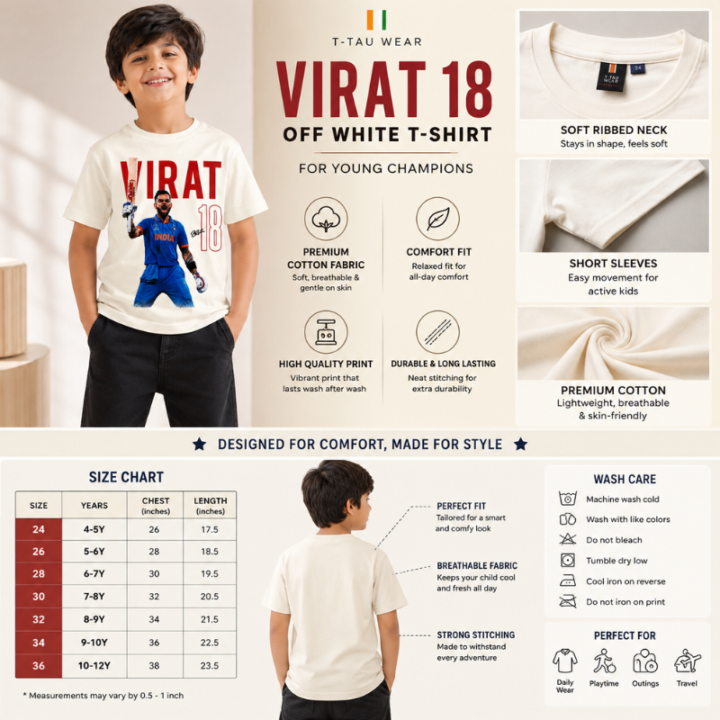 Smile Baby Boys Off-White Virat 18 Printed Half Sleeve T-Shirt | Kids Cricket T-Shirt | 4–12 Years 