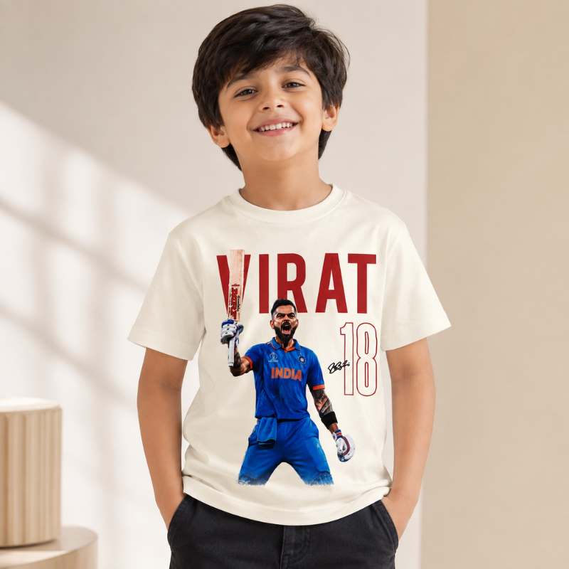 Smile Baby Boys Off-White Virat 18 Printed Half Sleeve T-Shirt | Kids Cricket T-Shirt | 4–12 Years 