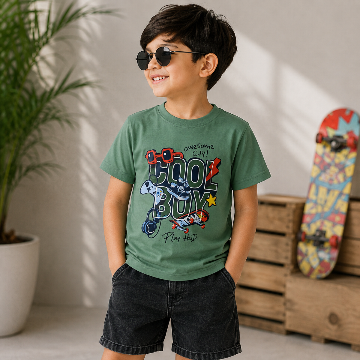 A young boy wearing round black sunglasses, a green graphic t-shirt, and dark denim shorts, standing in a brightly lit room with a potted plant and a skateboard in the background.