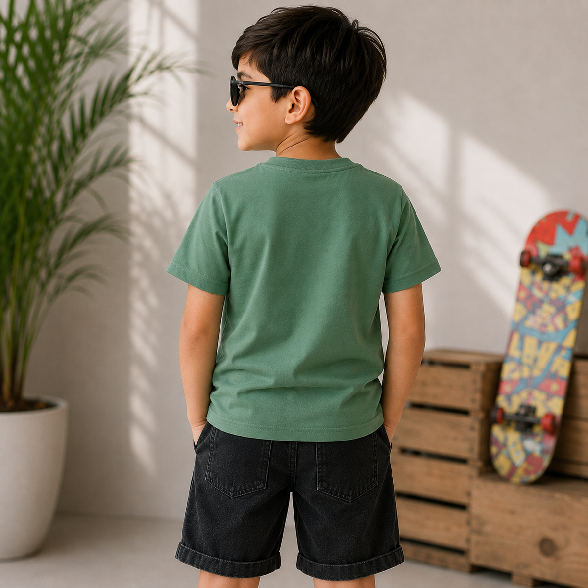 A child wearing a sage green short-sleeve t-shirt and dark denim shorts, photographed from behind in a sunlit room with a potted plant and a skateboard in the background.