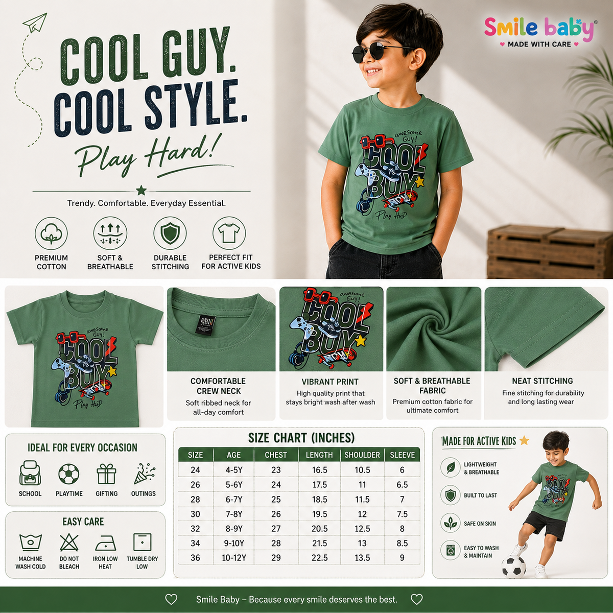 A promotional infographic for a kids' t-shirt featuring a child model wearing a green graphic tee, alongside multiple product detail shots, fabric close-ups, a size chart table, care icons, and the Smile baby brand logo.
