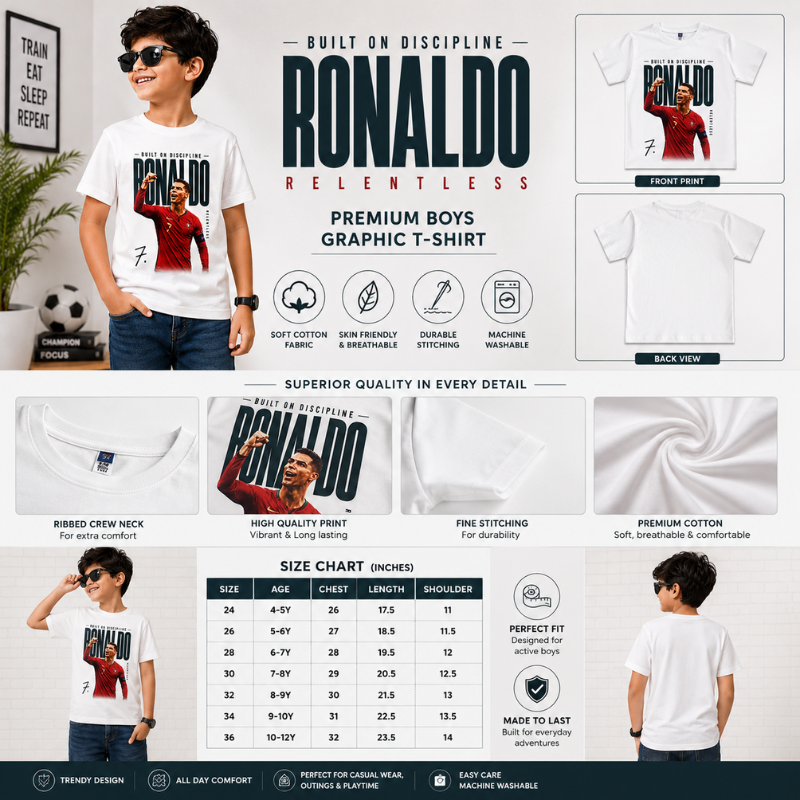 Boys Ronaldo Graphic Print T-Shirt | White Kids T-Shirt – SMILE BABY 