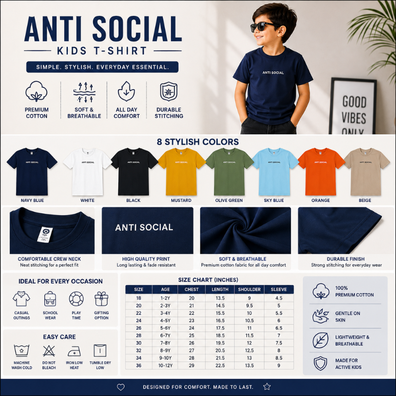 Smile Baby Kids Anti Social Printed T-Shirt | Comfortable Half Sleeve Round Neck Tee for Boys & Girls 