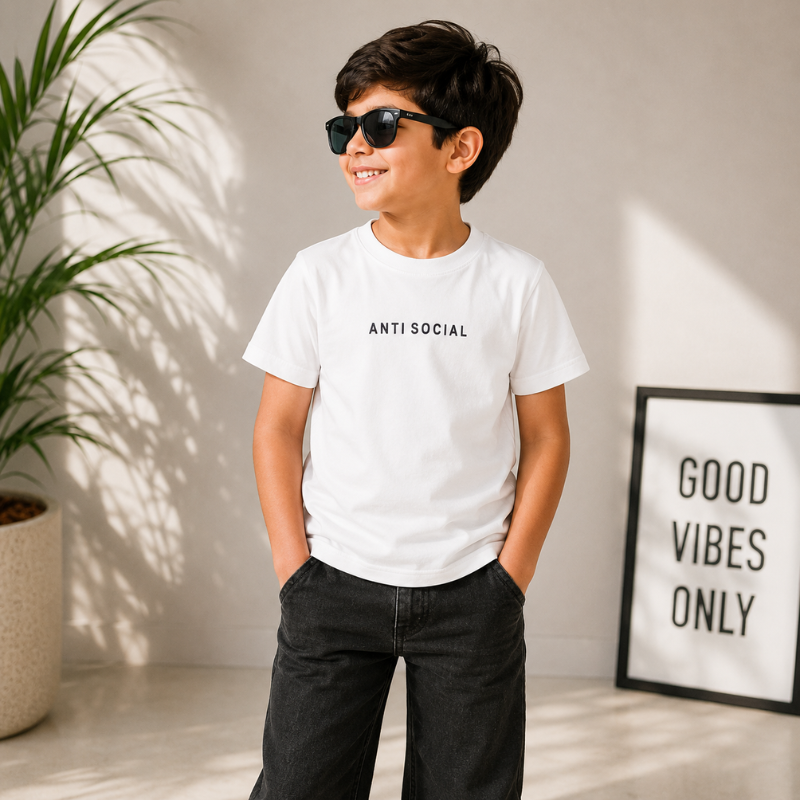 Smile Baby Kids Anti Social Printed T-Shirt | Comfortable Half Sleeve Round Neck Tee for Boys & Girls 