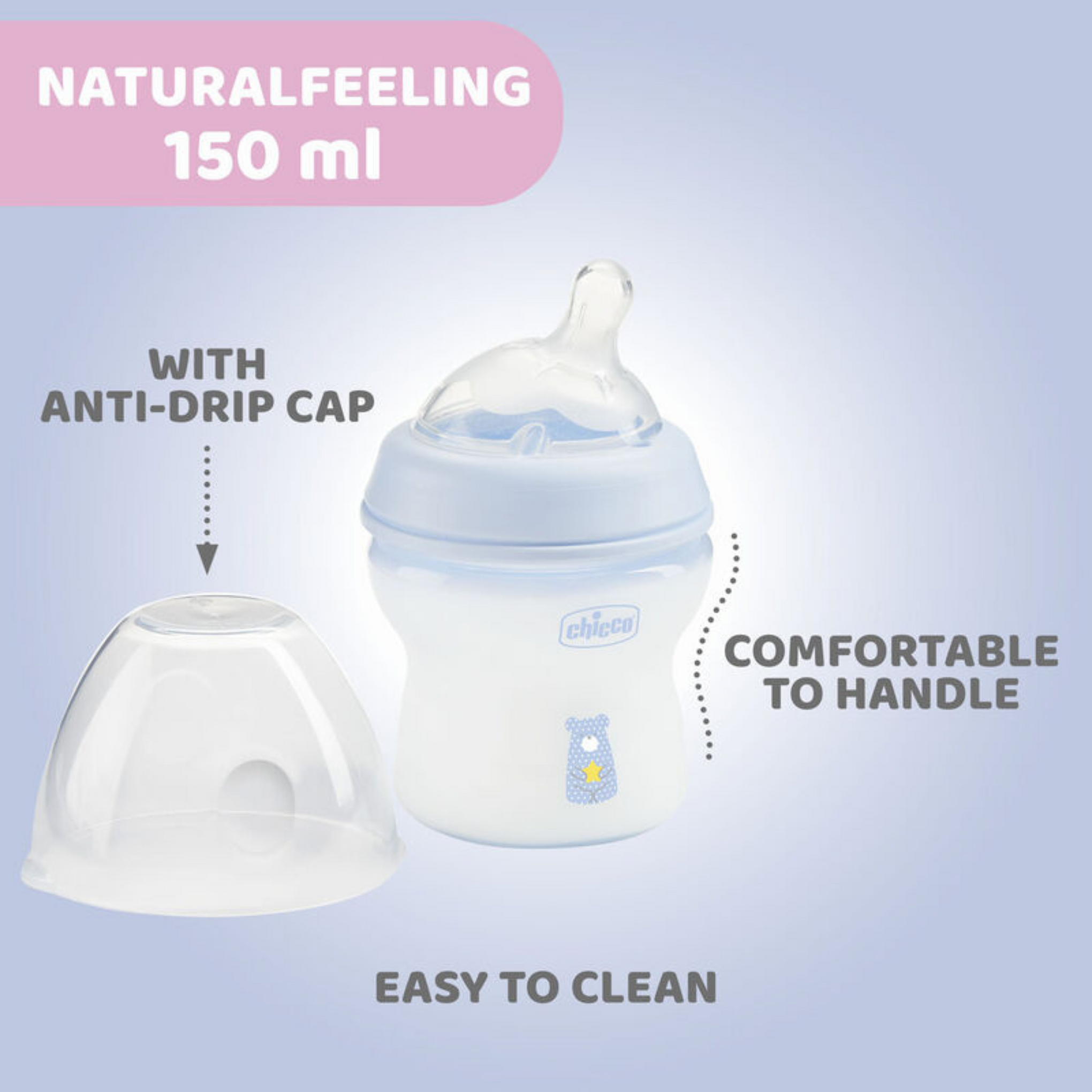 Chicco Natural Feeling Feeding Bottle for Babies |Mother Breast Like Teats|Soft Silicon, Anti-Colic Teat | Angled Teat Suitable for Newborns | with Anti-Drip Cap | BPA Free (Blue)