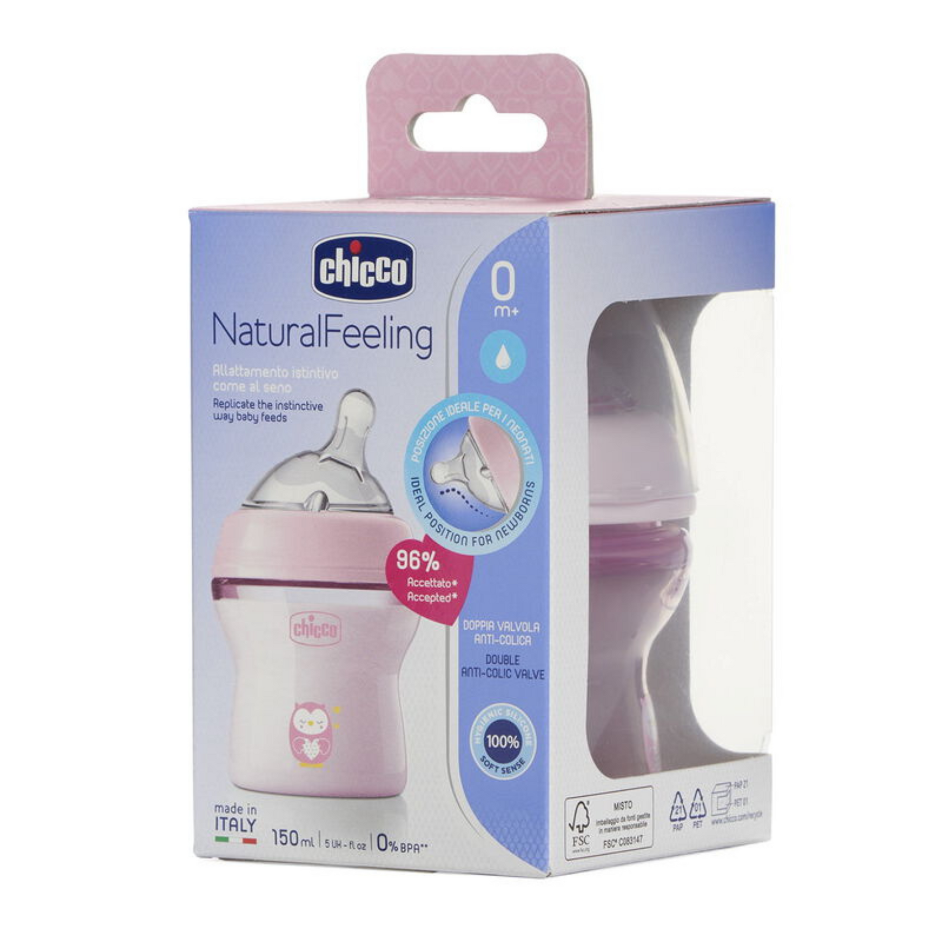 Chicco Natural Feeling Baby Milk Feeding Bottle with Wide Neck, Anti-Colic for Easy Milk Flow, For Babies & Toddlers 0m+ (Pink)