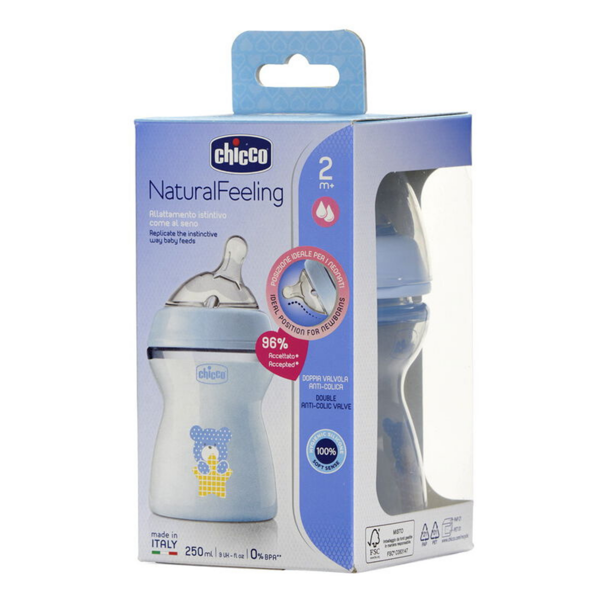 Chicco Natural Feeling Feeding Bottle for Babies |Mother Breast Like Teats|Soft Silicon, Anti-Colic Teat | Angled Teat Suitable for Newborns | with Anti-Drip Cap | BPA Free (Blue)