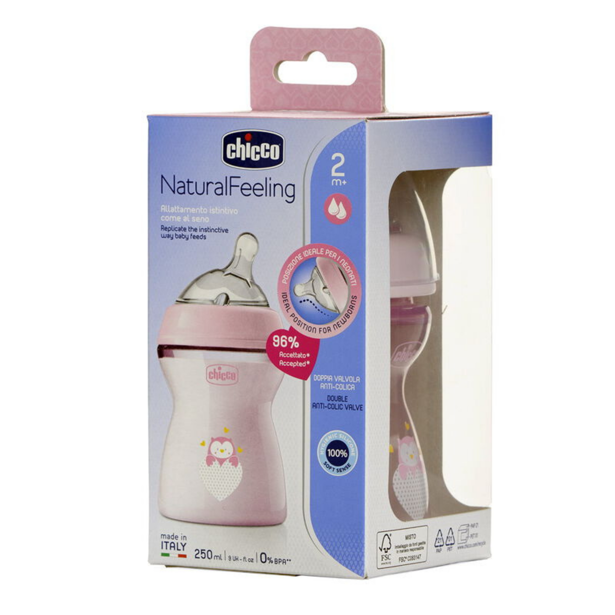 Chicco Natural Feeling Baby Milk Feeding Bottle with Wide Neck, Anti-Colic for Easy Milk Flow, For Babies & Toddlers 0m+ (Pink)