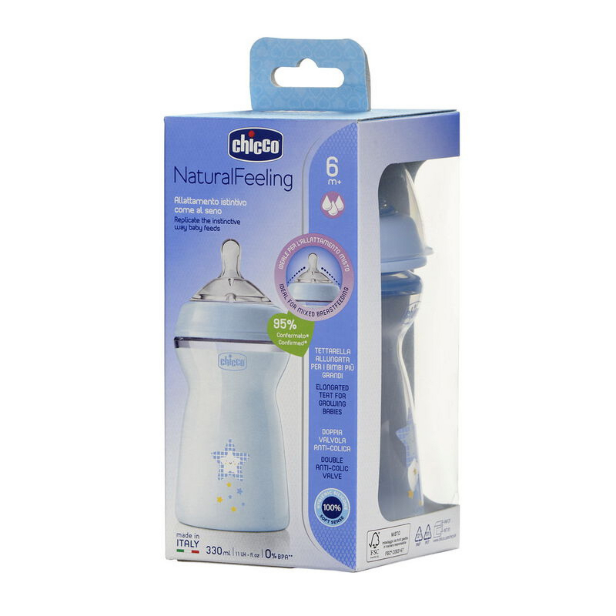 Chicco Natural Feeling Feeding Bottle for Babies |Mother Breast Like Teats|Soft Silicon, Anti-Colic Teat | Angled Teat Suitable for Newborns | with Anti-Drip Cap | BPA Free (Blue)