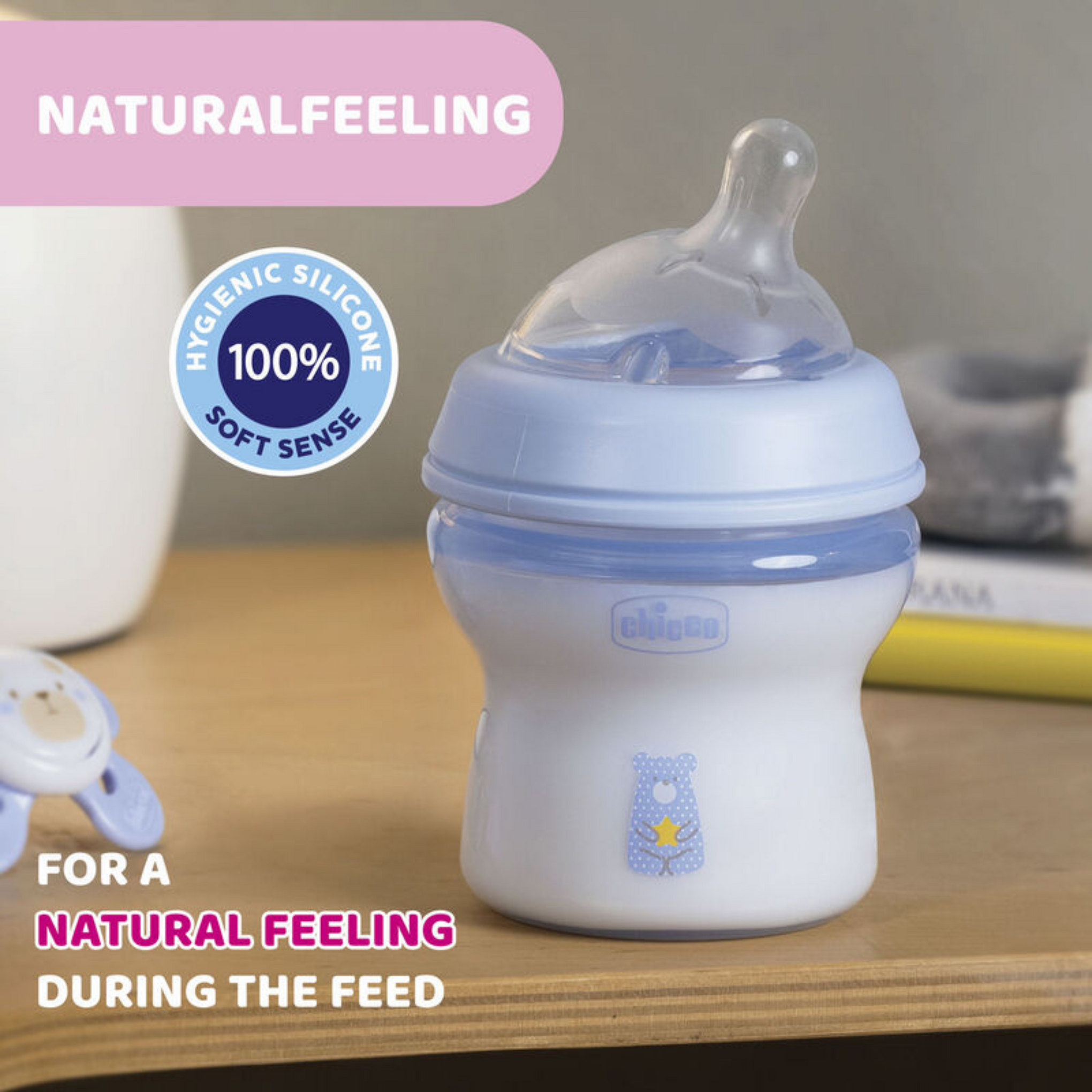 Chicco Natural Feeling Feeding Bottle for Babies |Mother Breast Like Teats|Soft Silicon, Anti-Colic Teat | Angled Teat Suitable for Newborns | with Anti-Drip Cap | BPA Free (Blue)