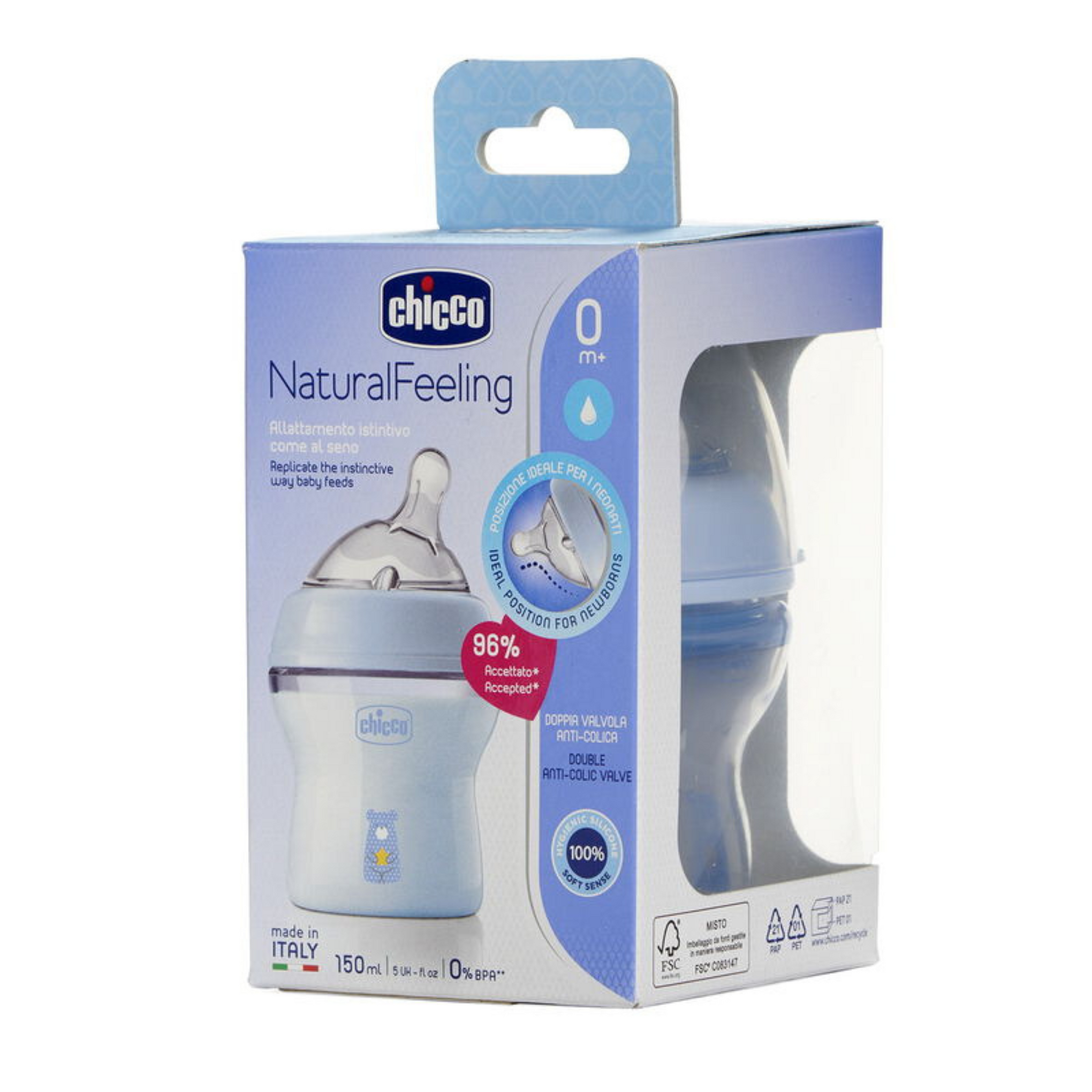 Chicco Natural Feeling Feeding Bottle for Babies |Mother Breast Like Teats|Soft Silicon, Anti-Colic Teat | Angled Teat Suitable for Newborns | with Anti-Drip Cap | BPA Free (Blue)