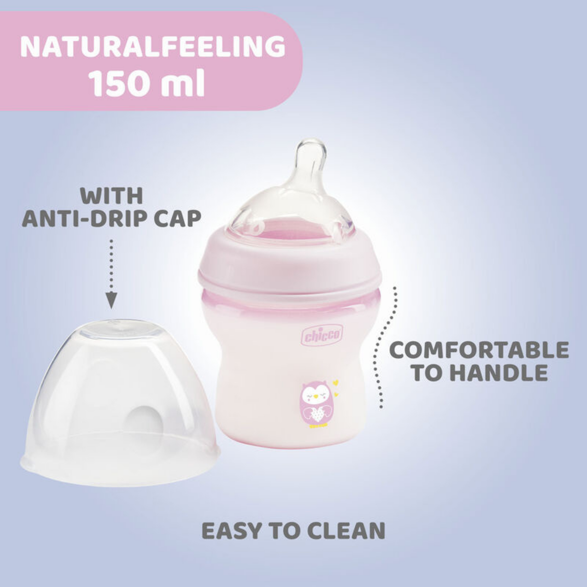Chicco Natural Feeling Baby Milk Feeding Bottle with Wide Neck, Anti-Colic for Easy Milk Flow, For Babies & Toddlers 0m+ (Pink)