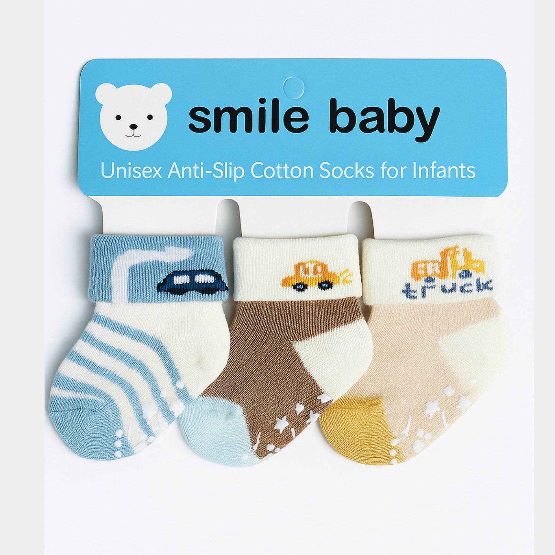Smile Baby Unisex Anti-Slip Cotton Socks for Infants – Soft, Breathable & Stretchable Baby Socks (Pack of 3, Car & Truck Design)