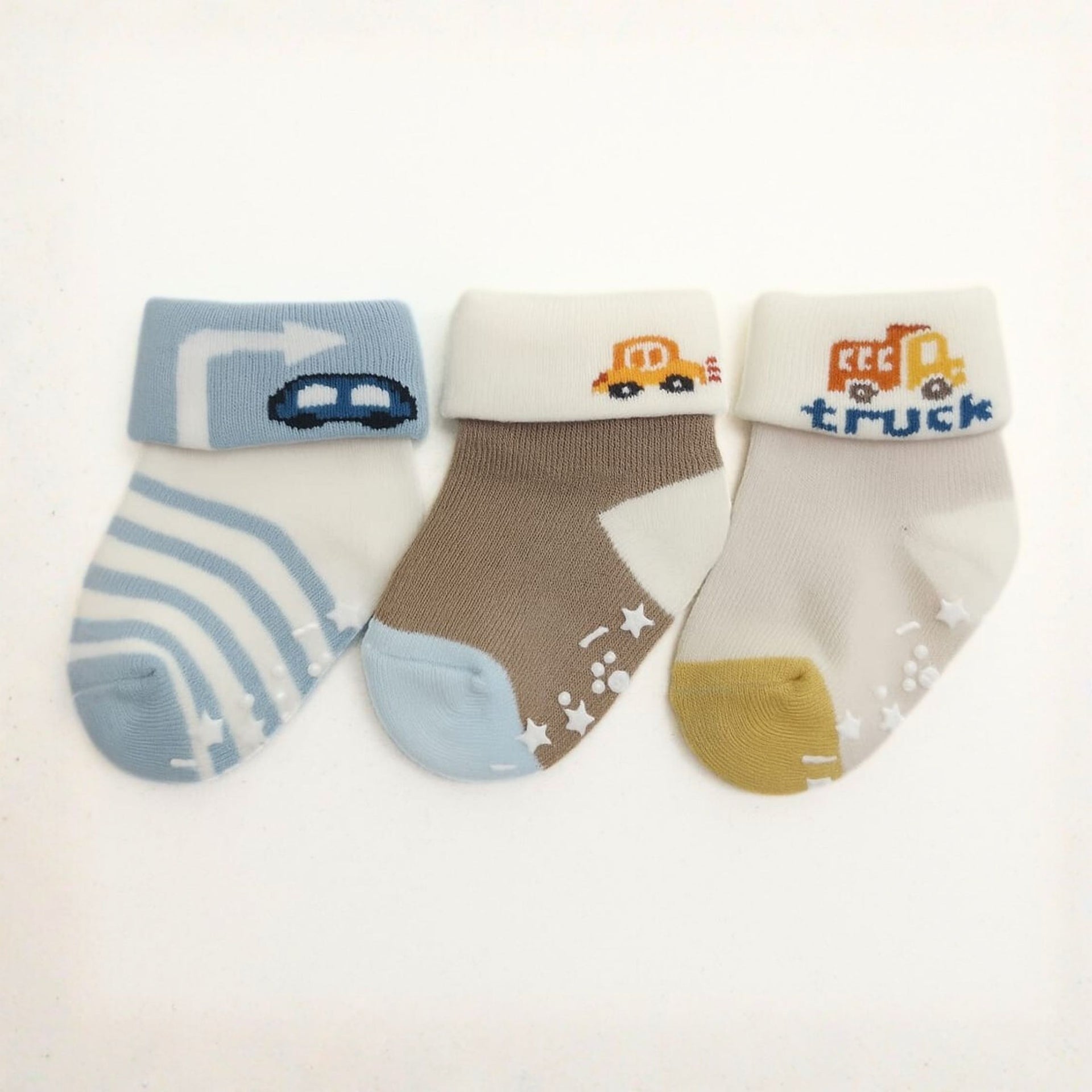 Smile Baby Unisex Anti-Slip Cotton Socks for Infants – Soft, Breathable & Stretchable Baby Socks (Pack of 3, Car & Truck Design)