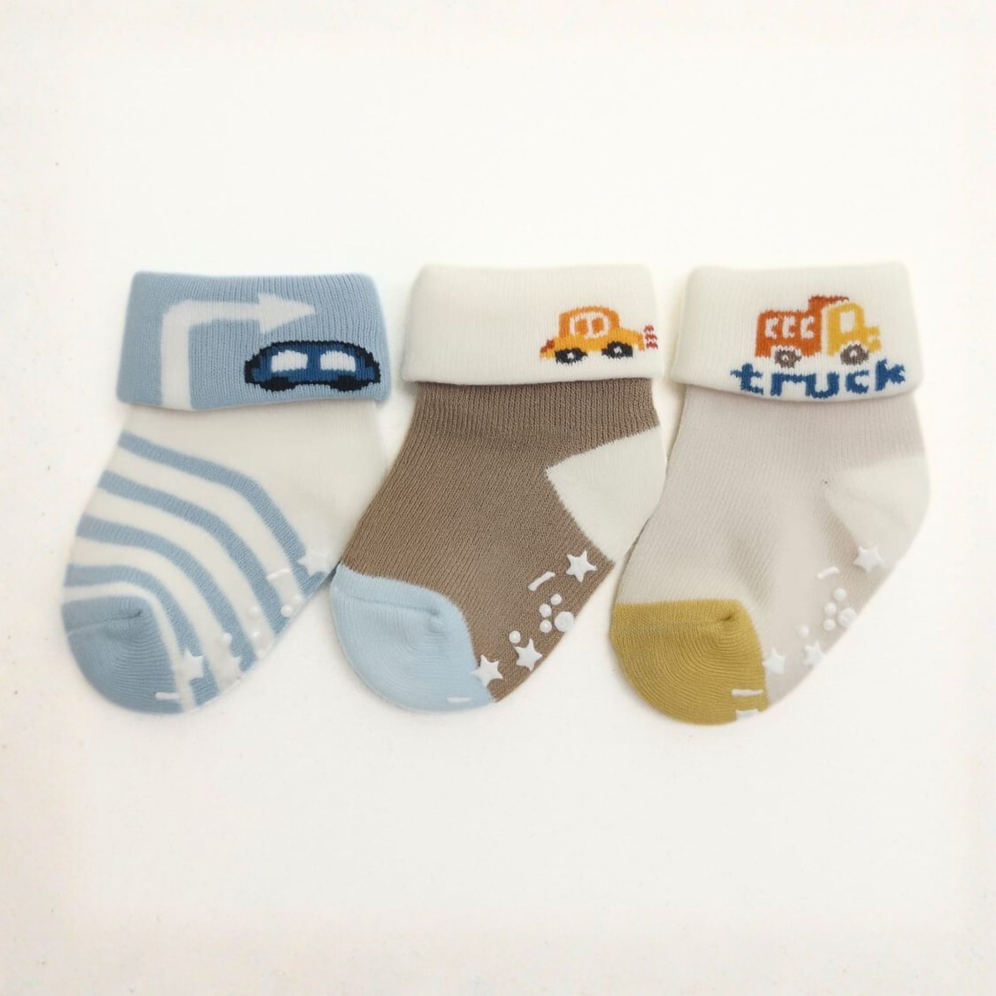 Smile Baby Unisex Anti-Slip Cotton Socks for Infants – Soft, Breathable & Stretchable Baby Socks (Pack of 3, Car & Truck Design)