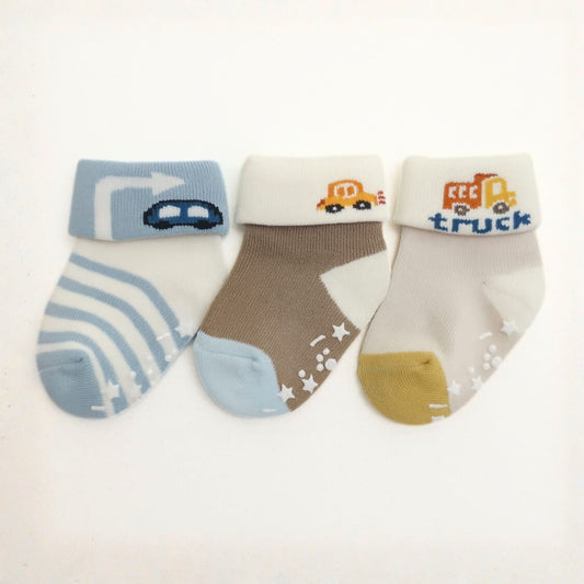 Smile Baby Unisex Anti-Slip Cotton Socks for Infants – Soft, Breathable & Stretchable Baby Socks (Pack of 3, Car & Truck Design)