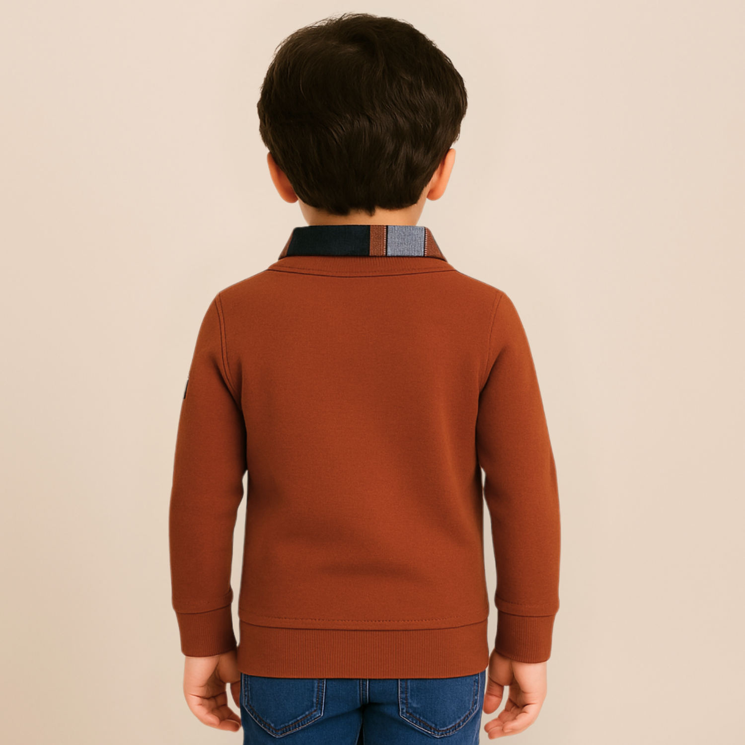 GUSTO Boys Rust Full-Sleeve T-Shirt with Plaid Collar | Stylish Winter Layered Knit Top for Kids Age 2–12 Years