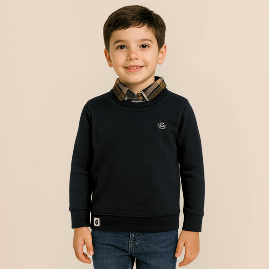 GUSTO Boys Black Full-Sleeve T-Shirt with Plaid Collar | Premium Winter Layered Top for Kids Age 5–12 Years